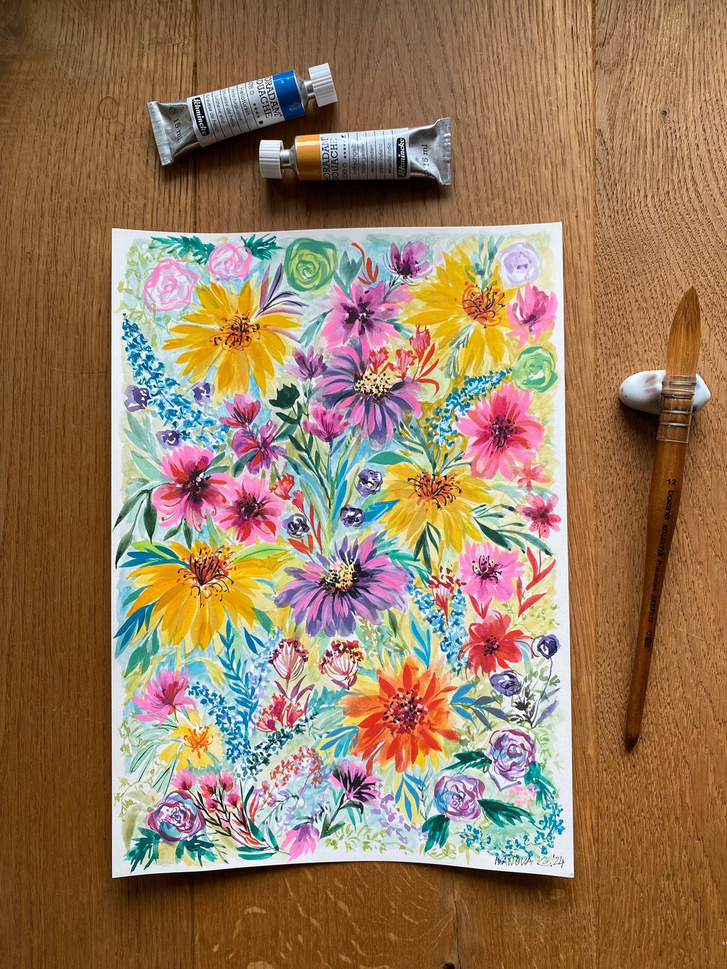 Original Gouache Flowers Painting: Colorful Garden Art on Arches Paper
