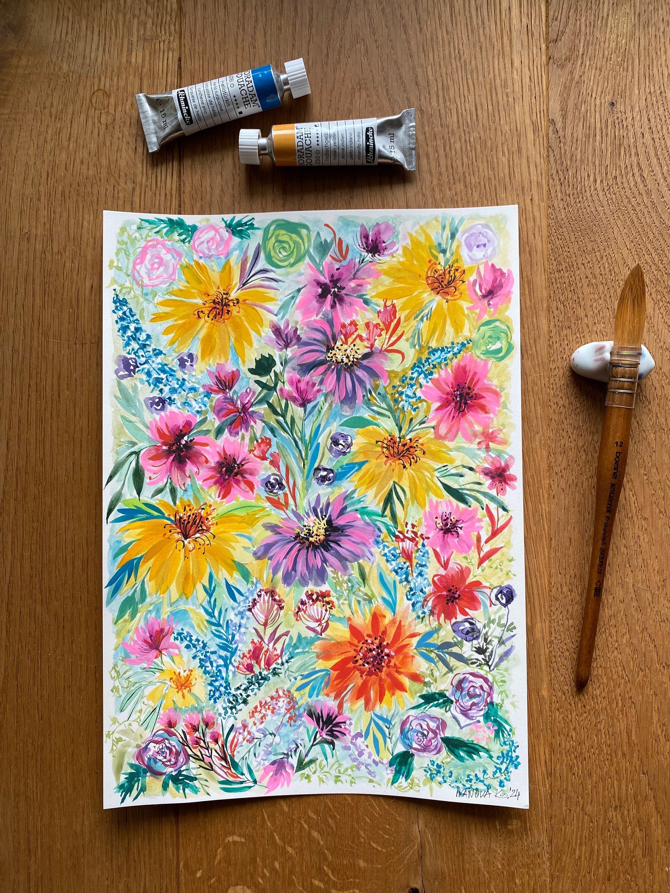 Original Gouache Flowers Painting: Colorful Garden Art on Arches Paper