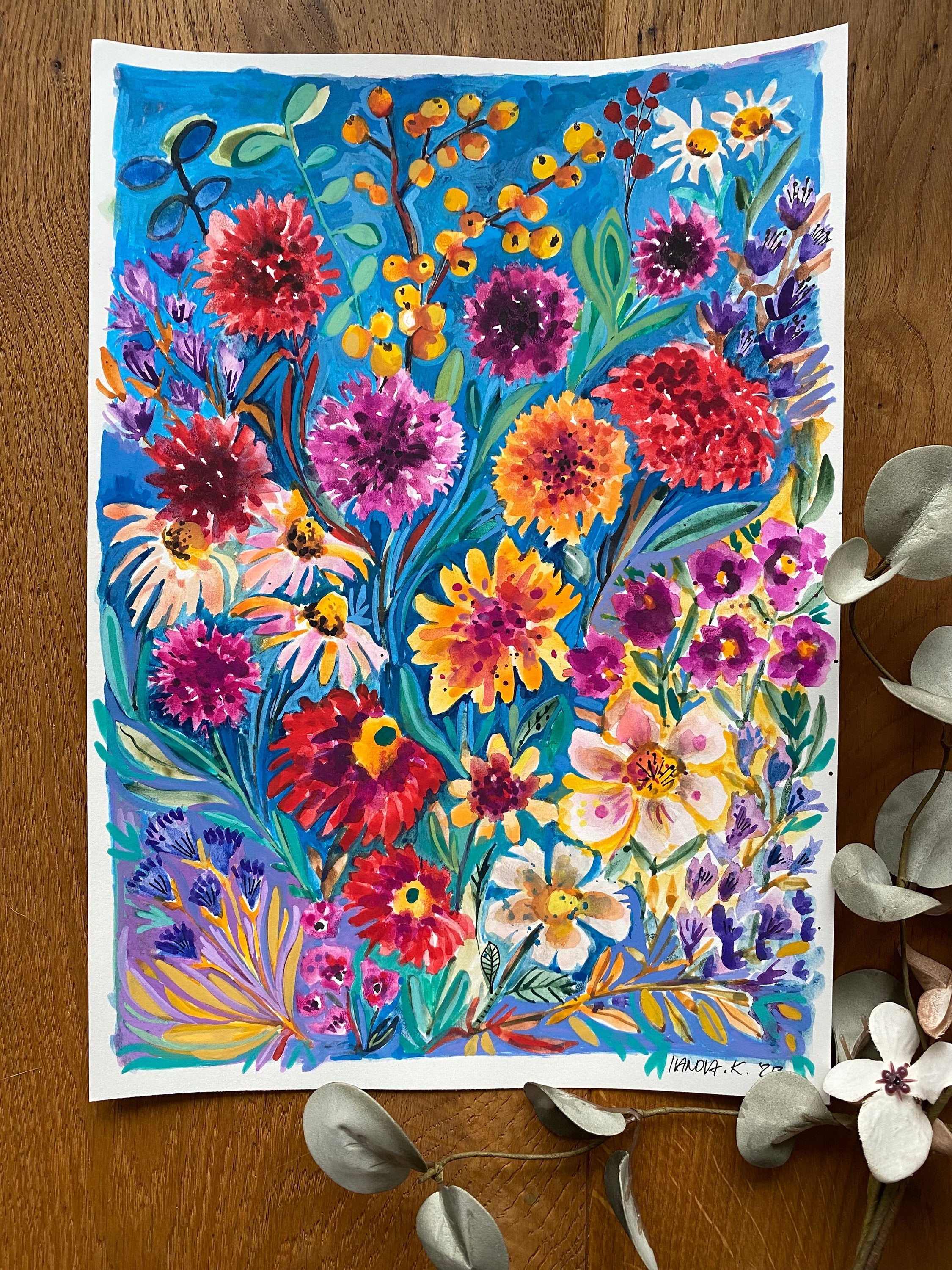 Original Gouache Flowers Painting on paper