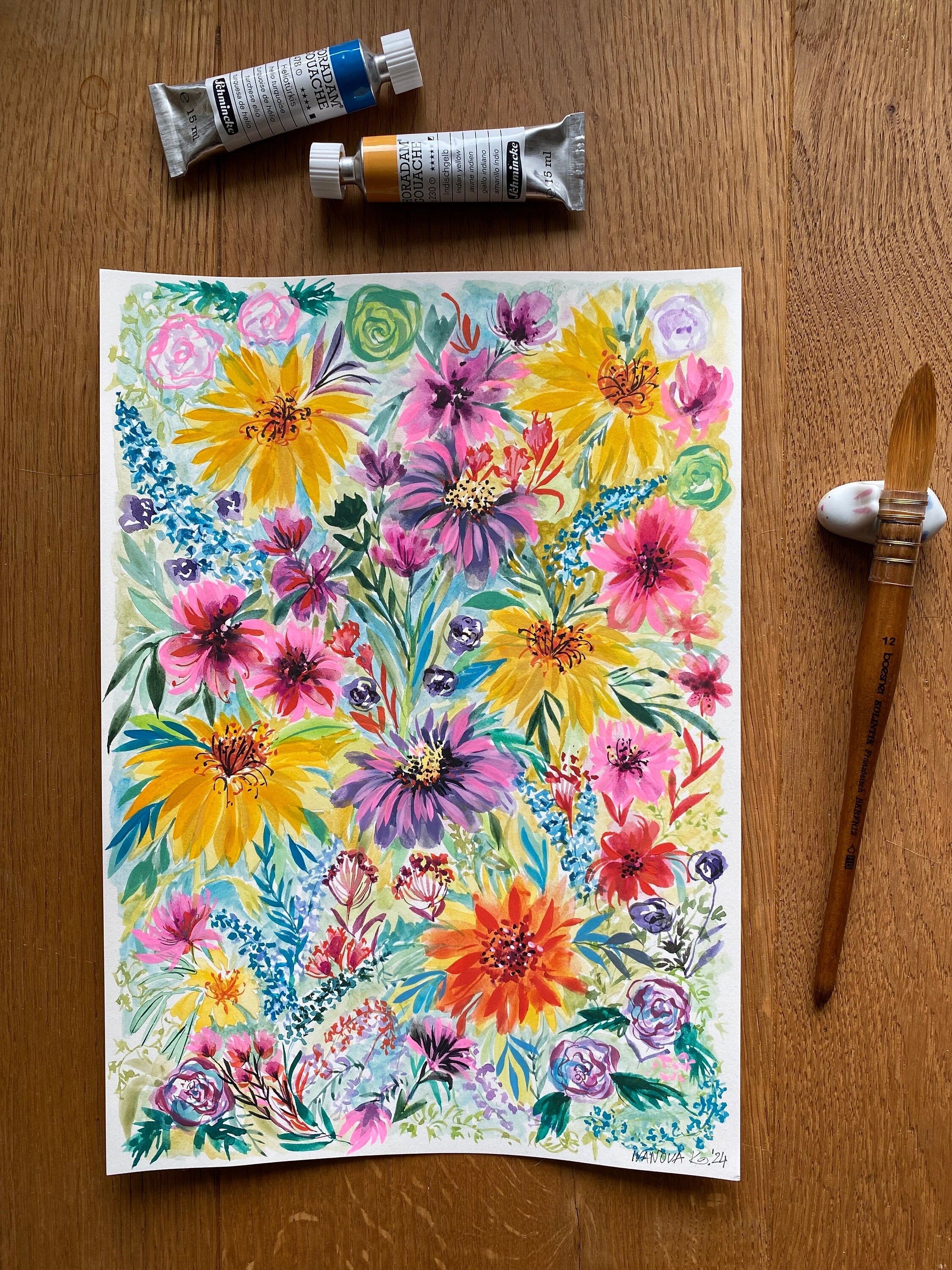 Original Gouache Flowers Painting: Colorful Garden Art on Arches Paper