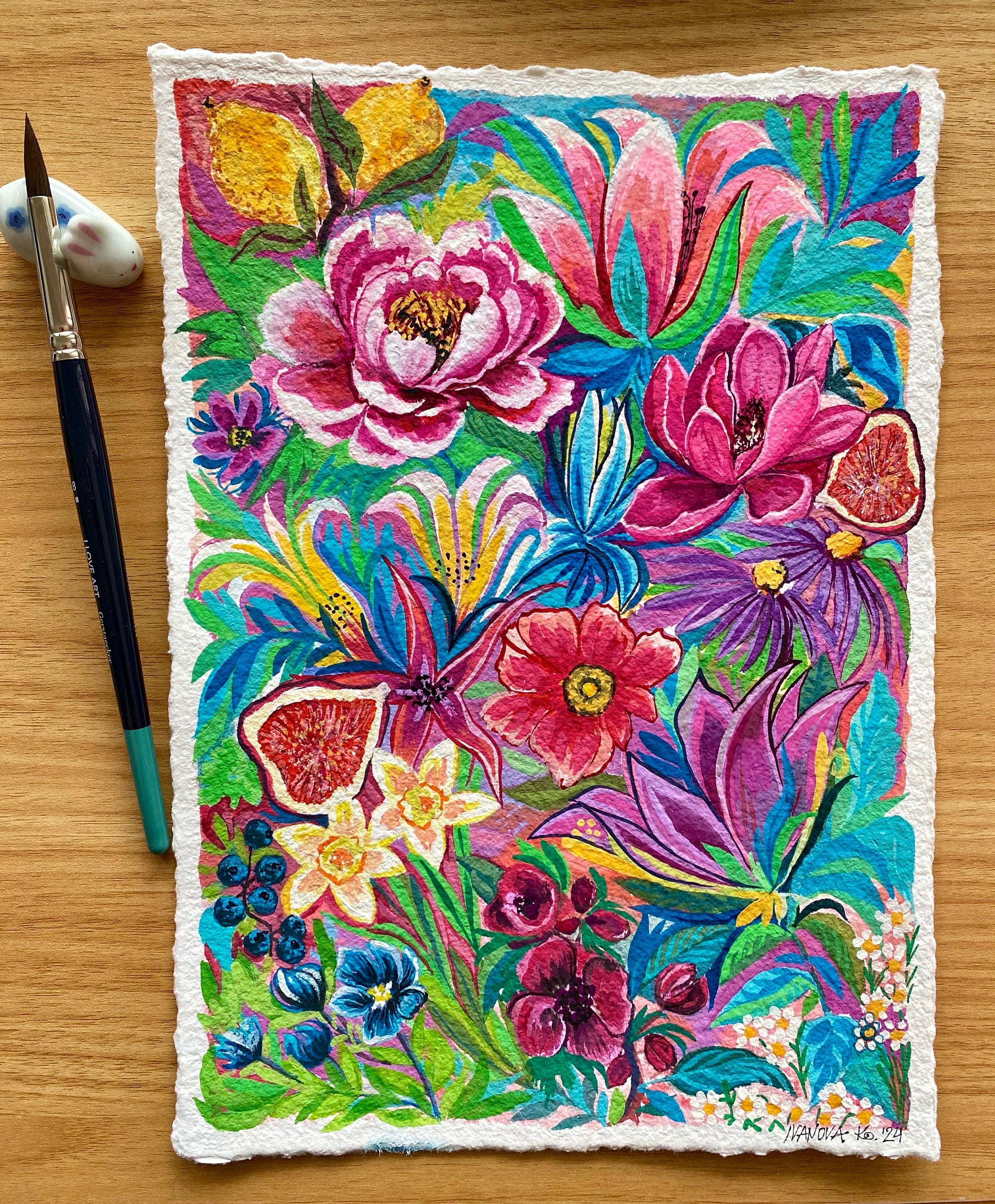 Original Gouache Flowers Painting: Colorful Floral Art (A4 Size)