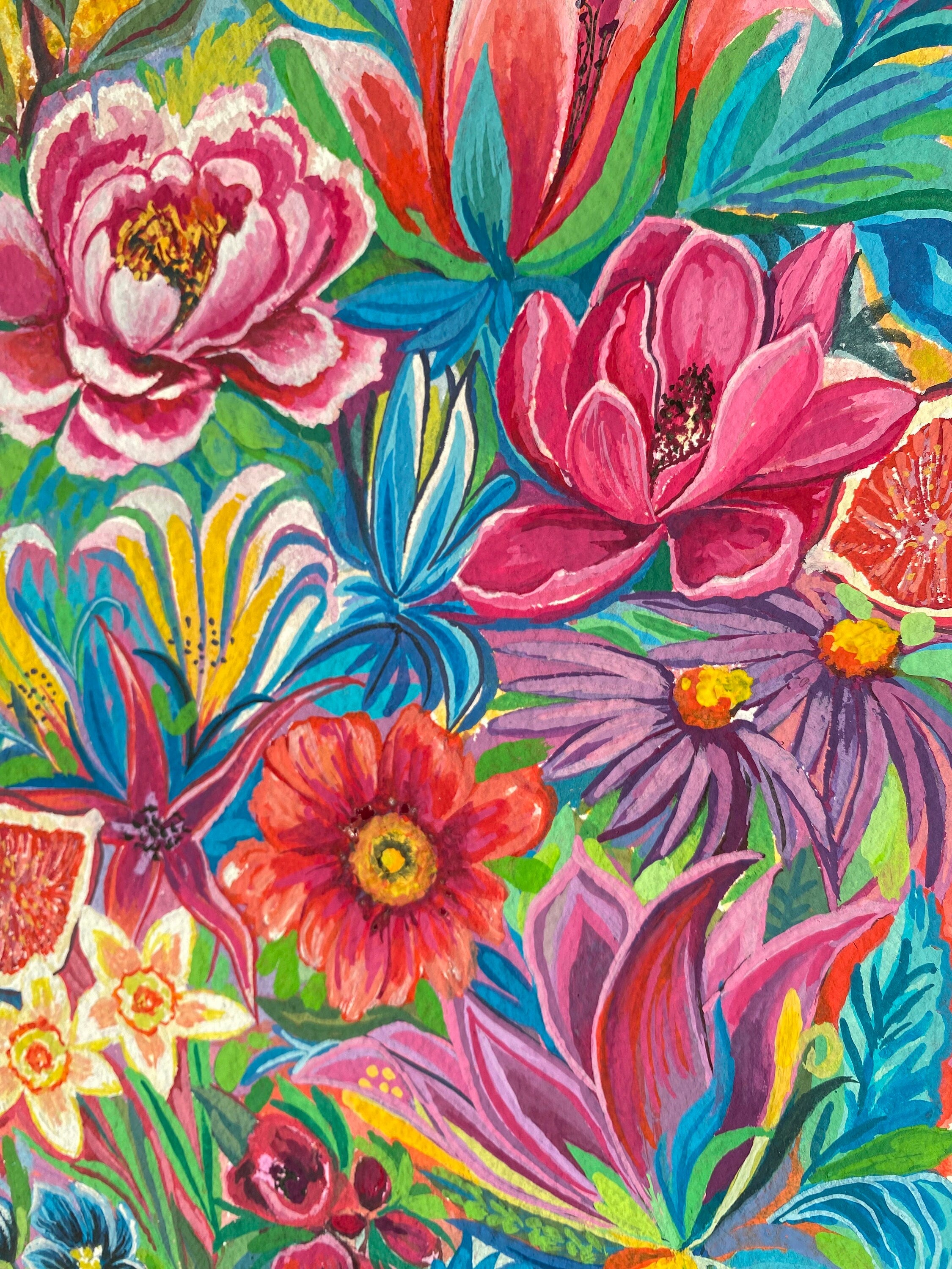 Original Gouache Flowers Painting: Colorful Floral Art (A4 Size)