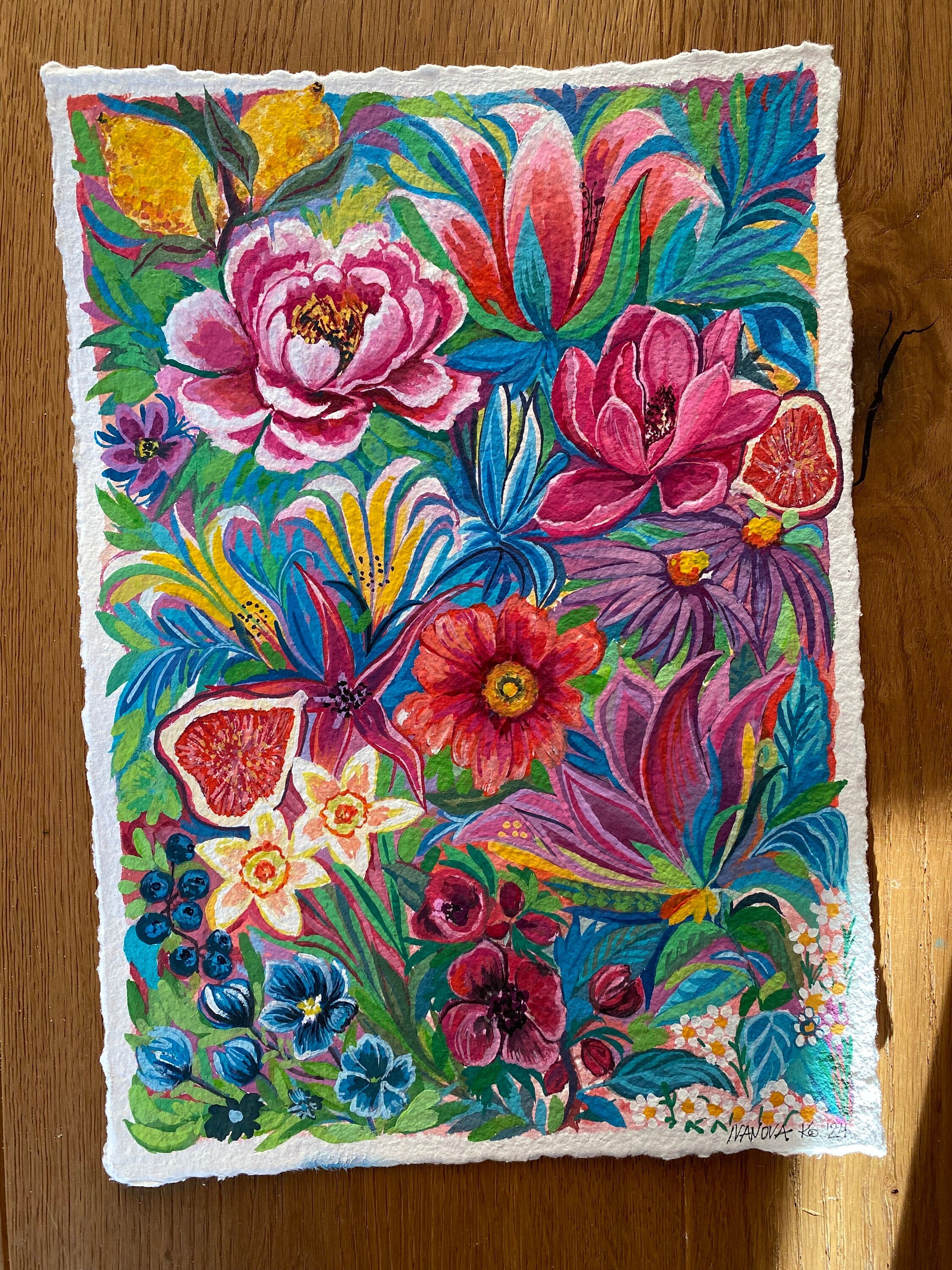 Original Gouache Flowers Painting: Colorful Floral Art (A4 Size)