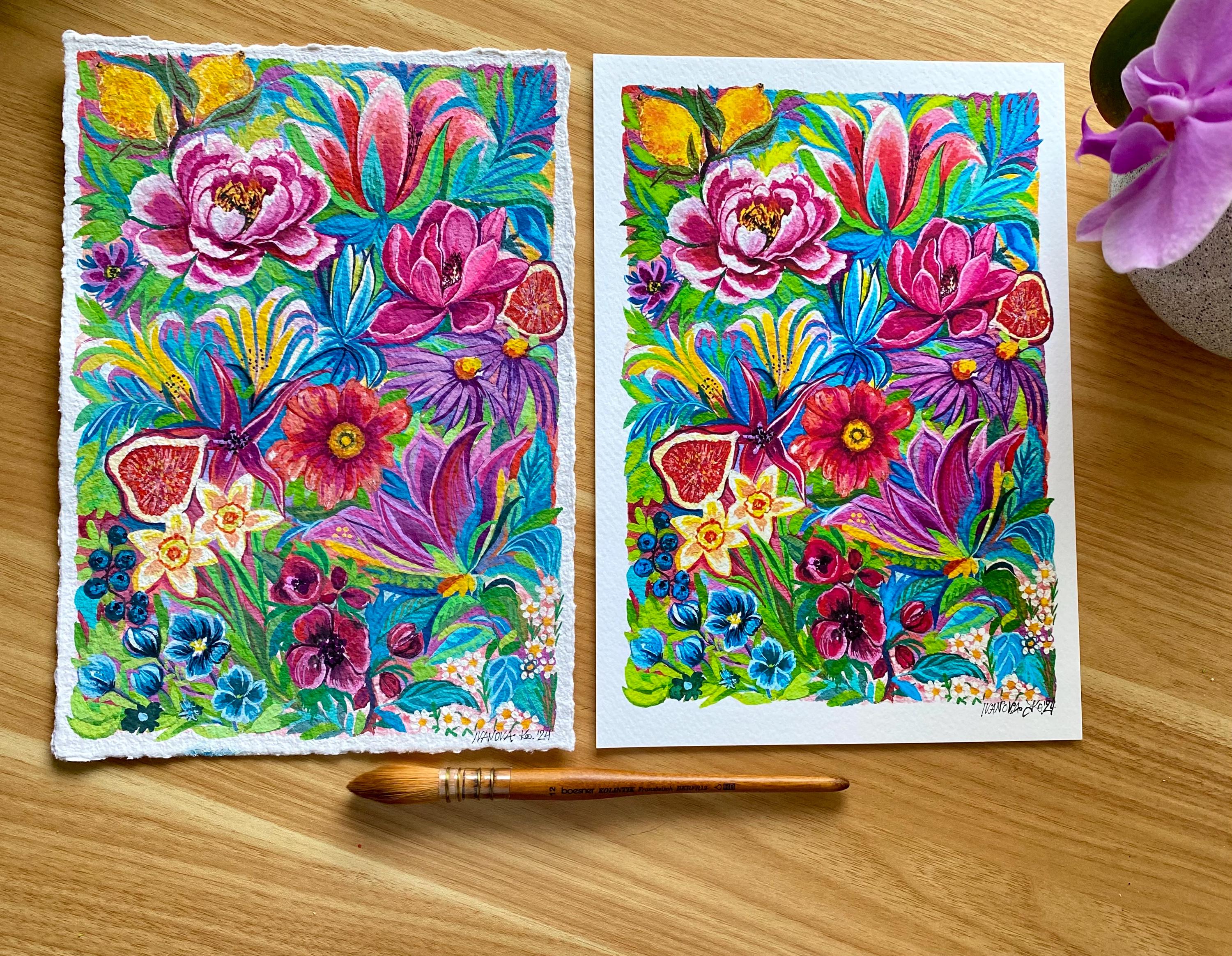 Original Gouache Flowers Painting: Colorful Floral Art (A4 Size)