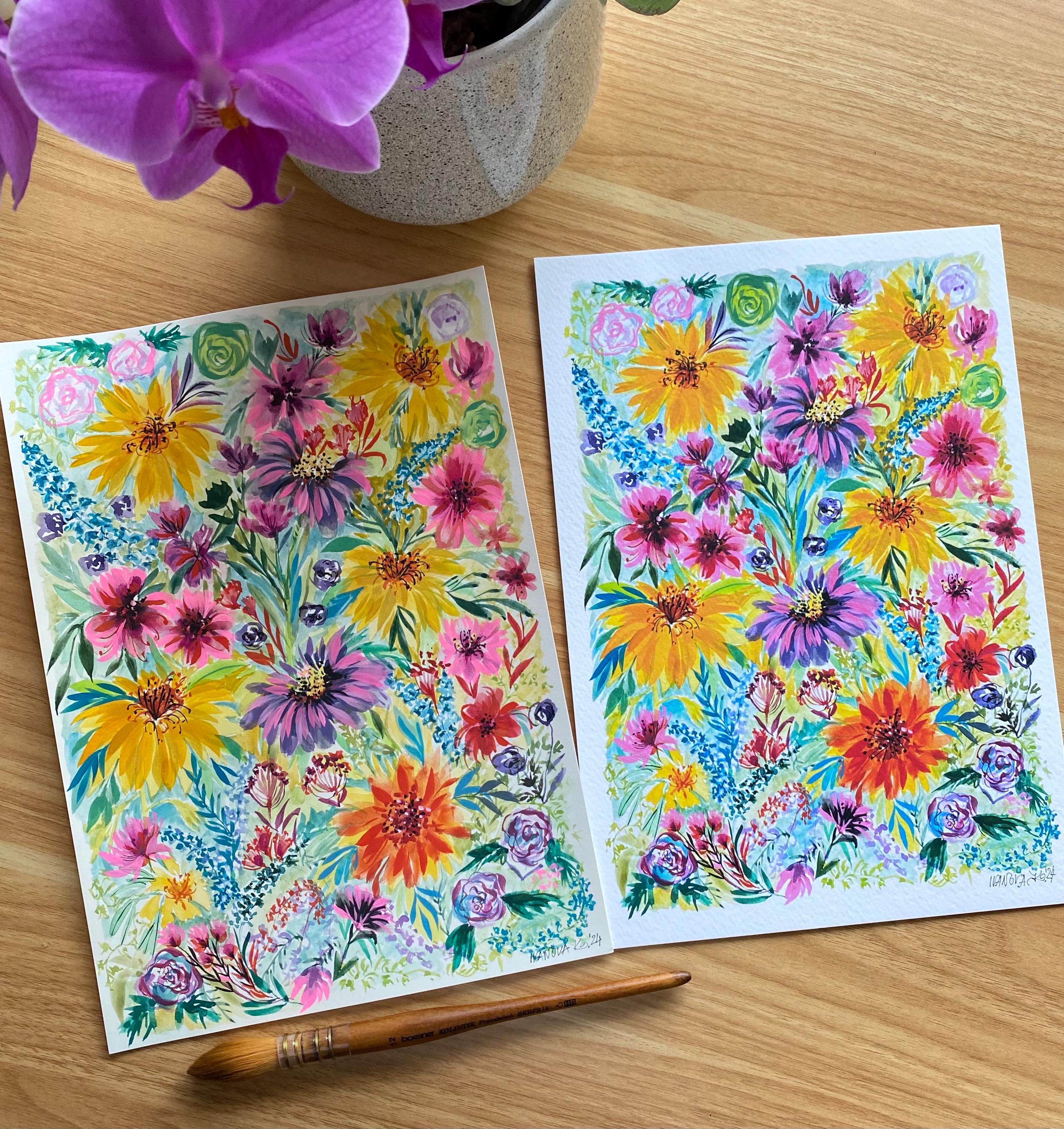 Original Gouache Flowers Painting: Colorful Garden Art on Arches Paper