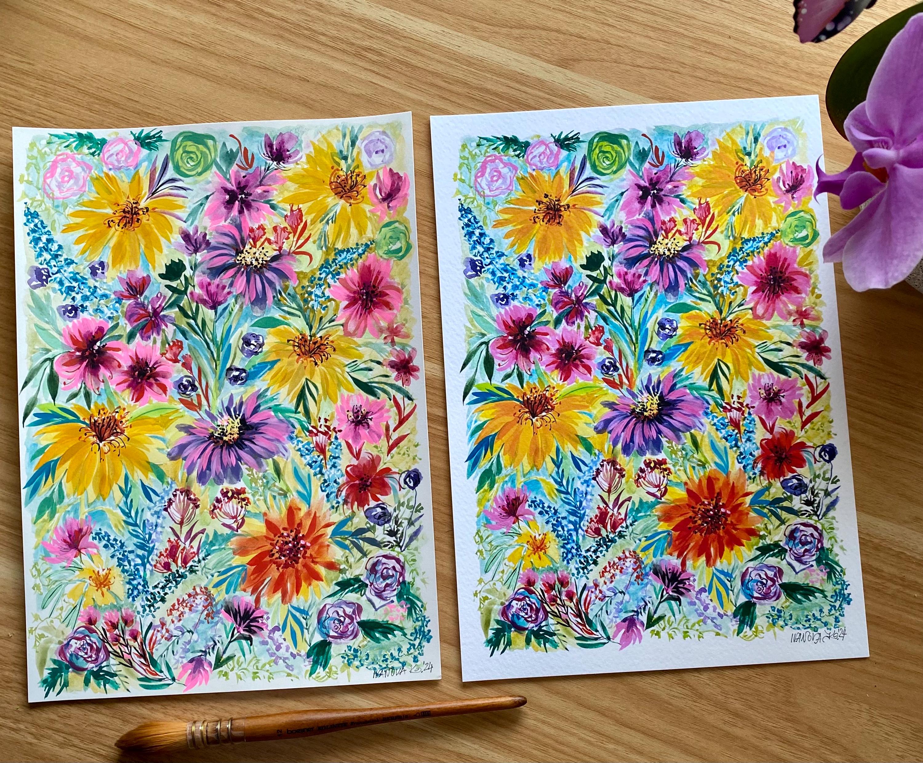 Original Gouache Flowers Painting: Colorful Garden Art on Arches Paper