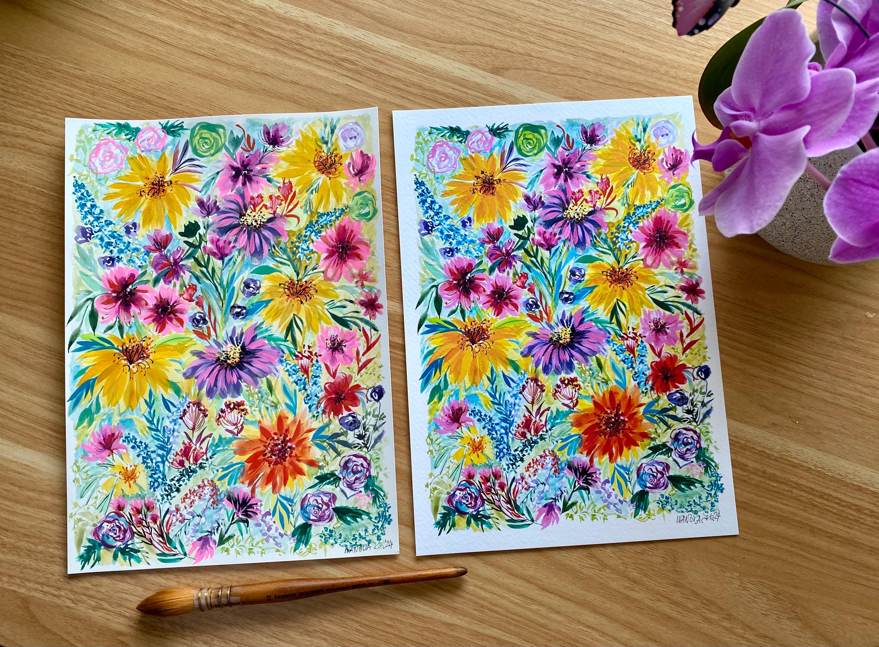 Original Gouache Flowers Painting: Colorful Garden Art on Arches Paper