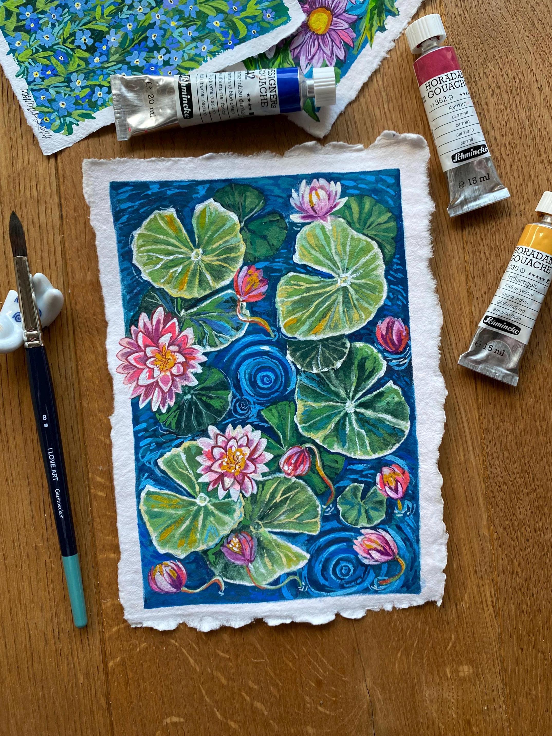 Water lilies painting, Original gouache watercolor painting on rough paper