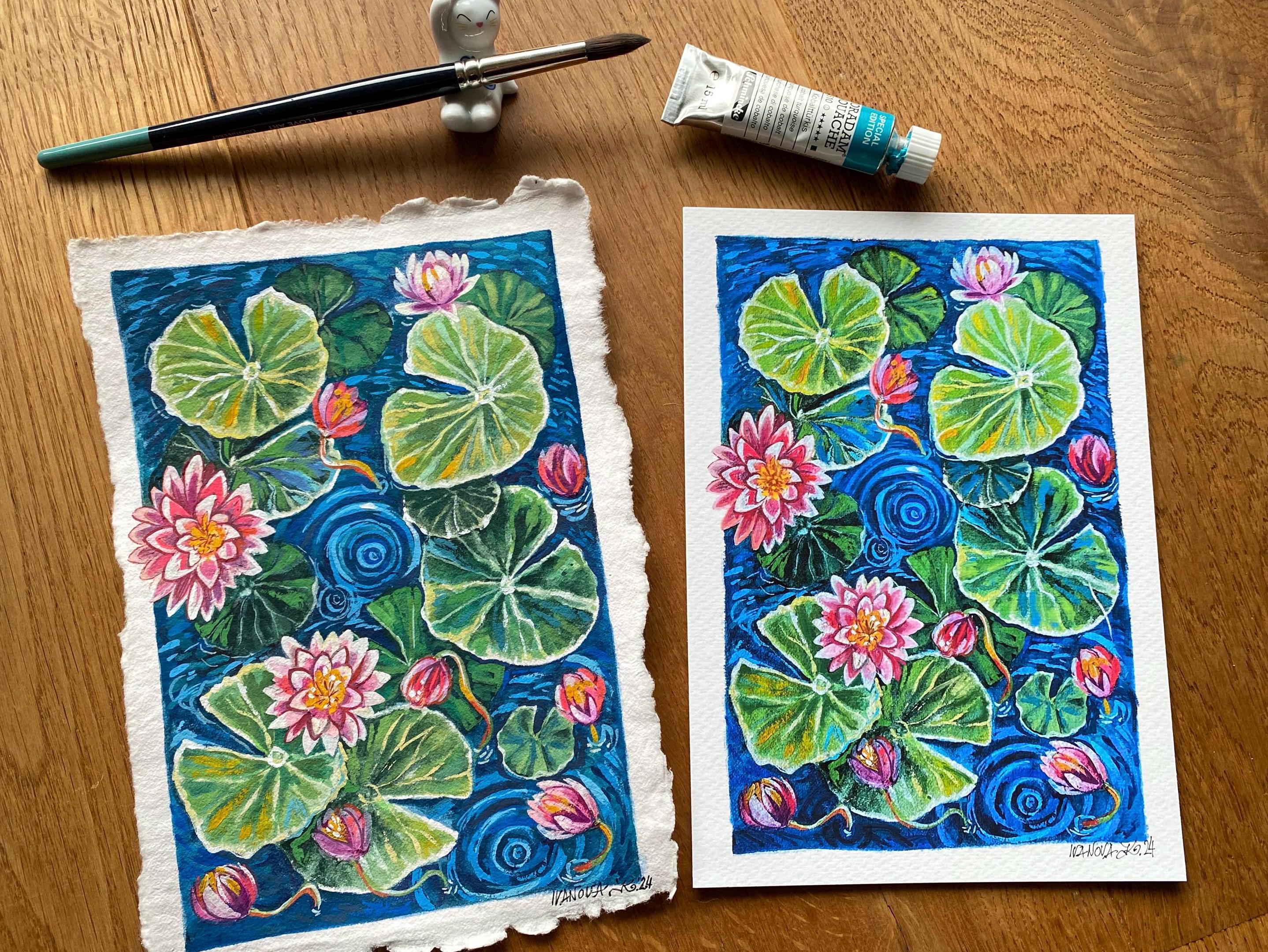 Water lilies painting, Original gouache watercolor painting on rough paper