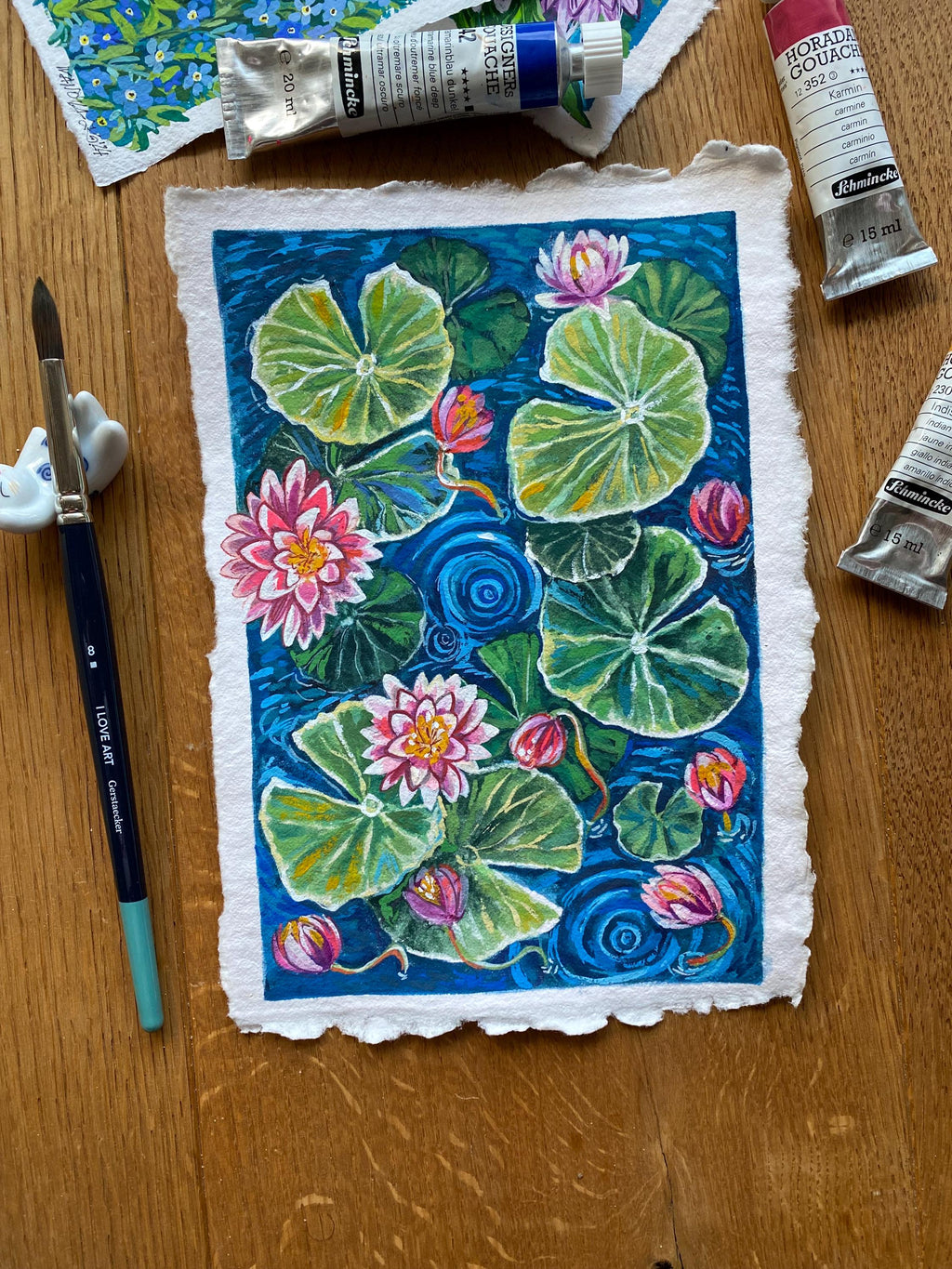 Water lilies painting, Original gouache watercolor painting on rough paper