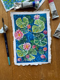 Water lilies painting, Original gouache watercolor painting on rough paper