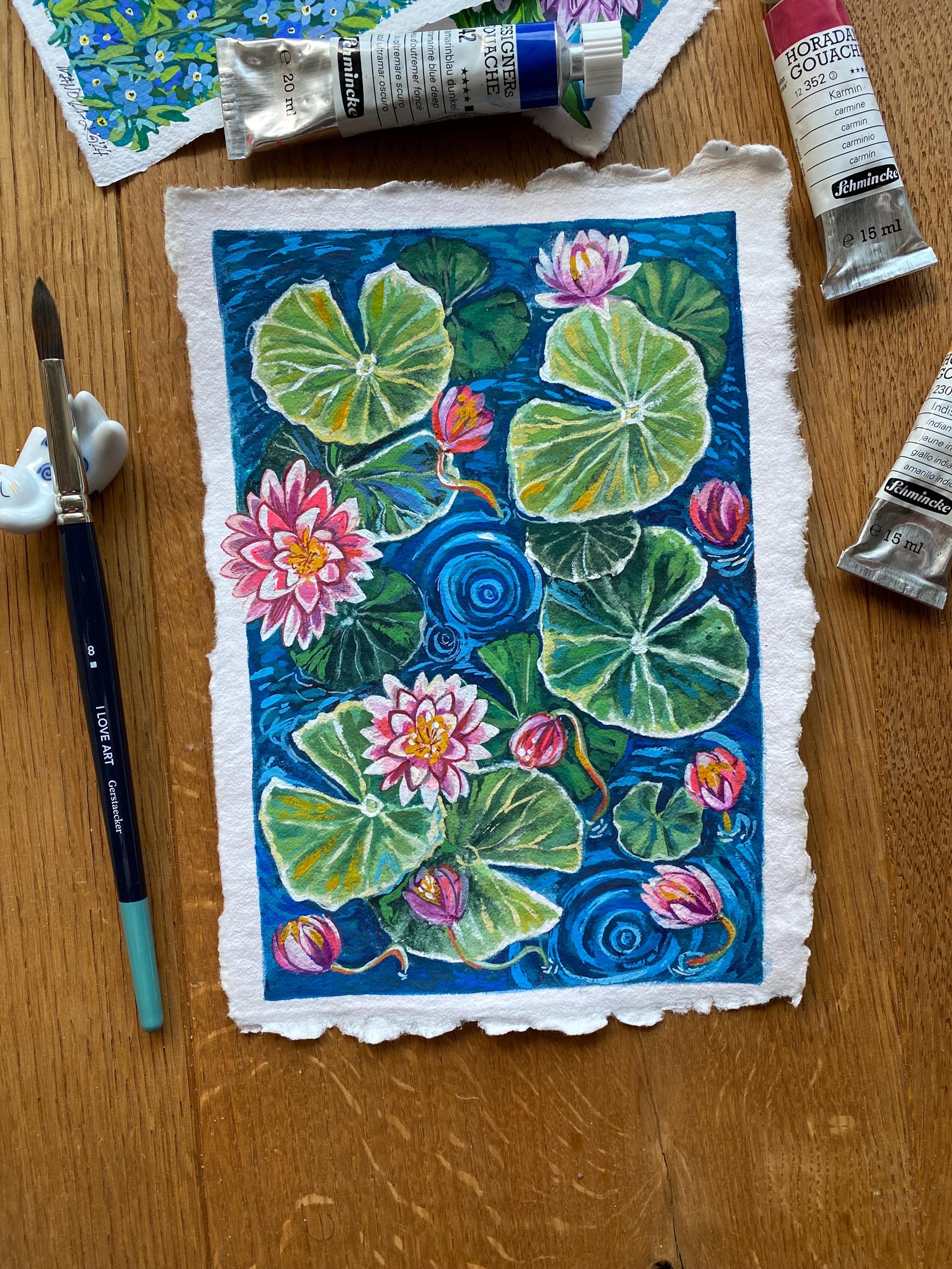 Water lilies painting, Original gouache watercolor painting on rough paper