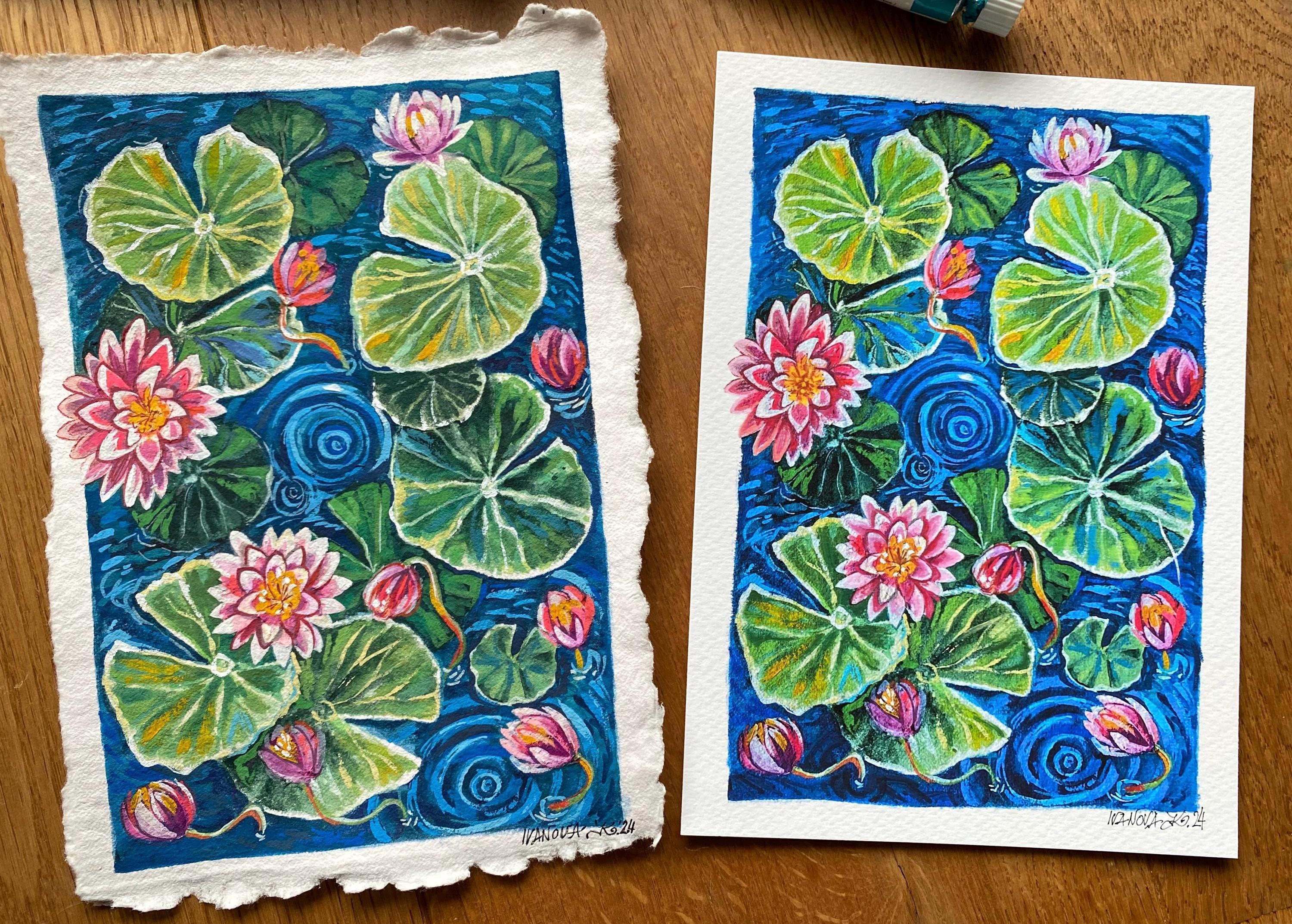 Water lilies painting, Original gouache watercolor painting on rough paper