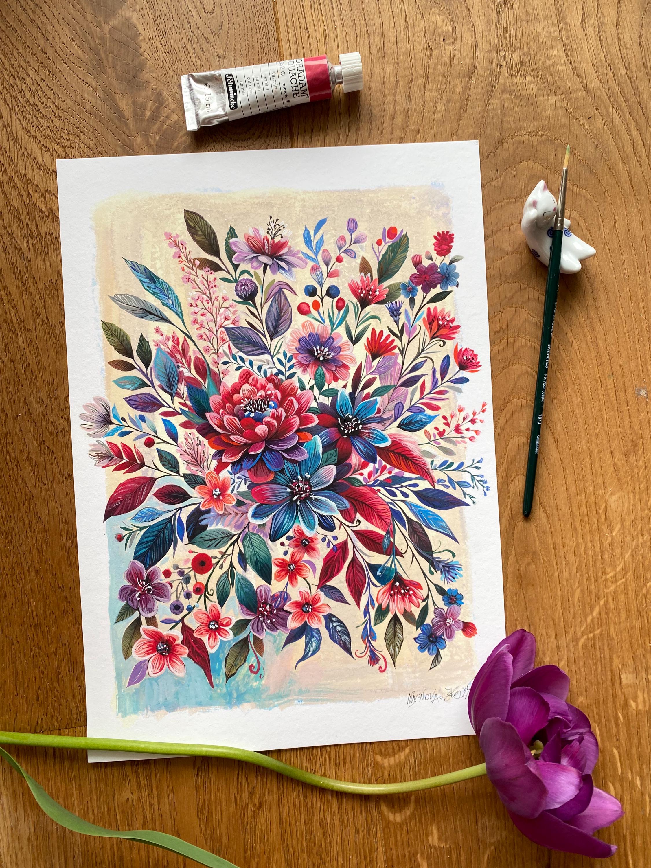 Garden flowers painting, Gouache painting on rough paper