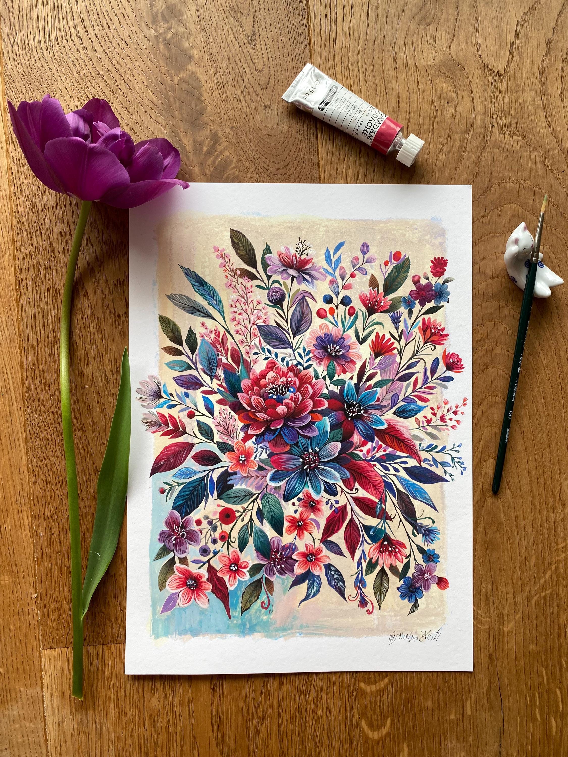 Garden flowers painting, Gouache painting on rough paper