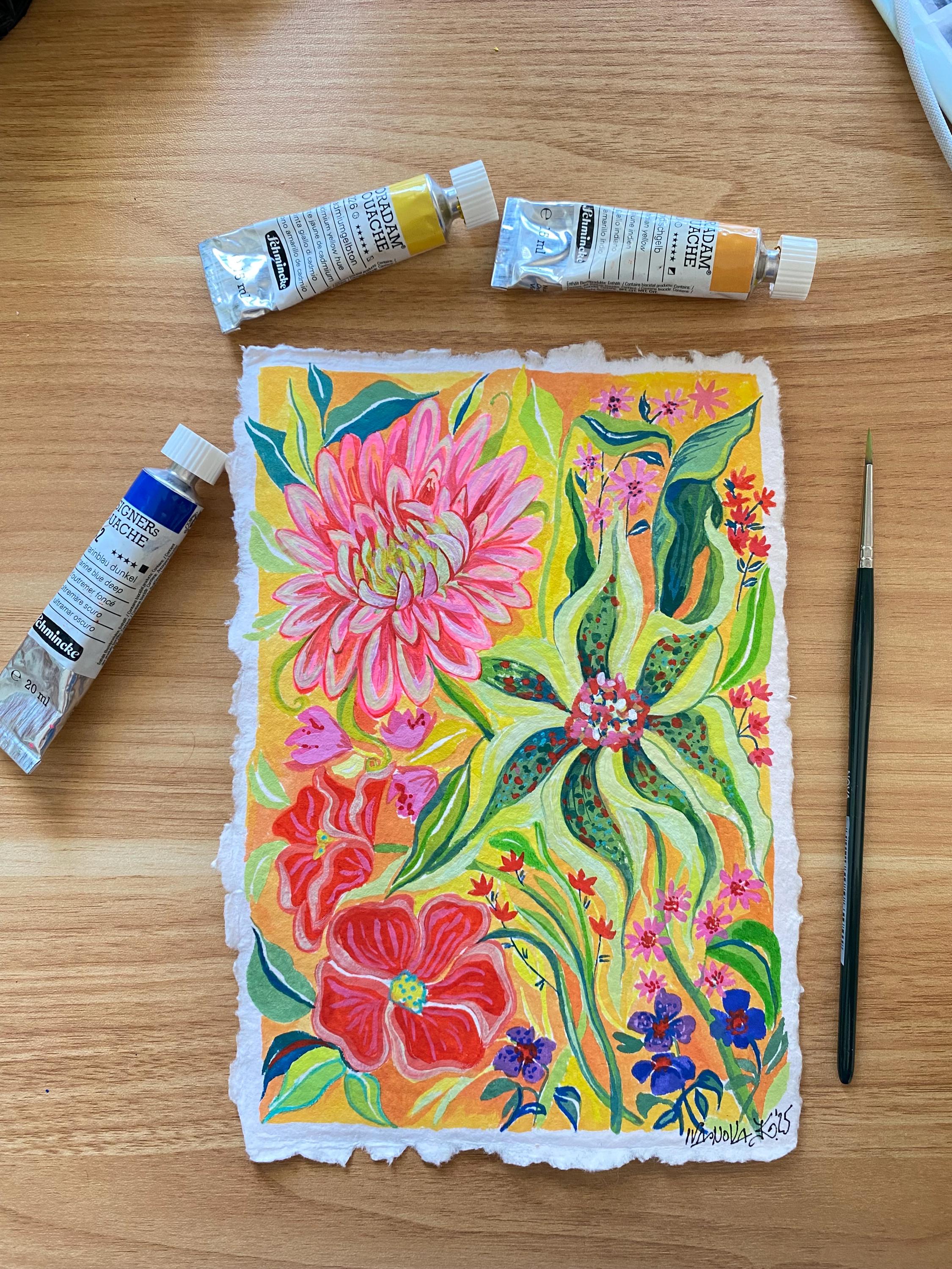 Bright flowers painting, Original gouache painting on rough paper