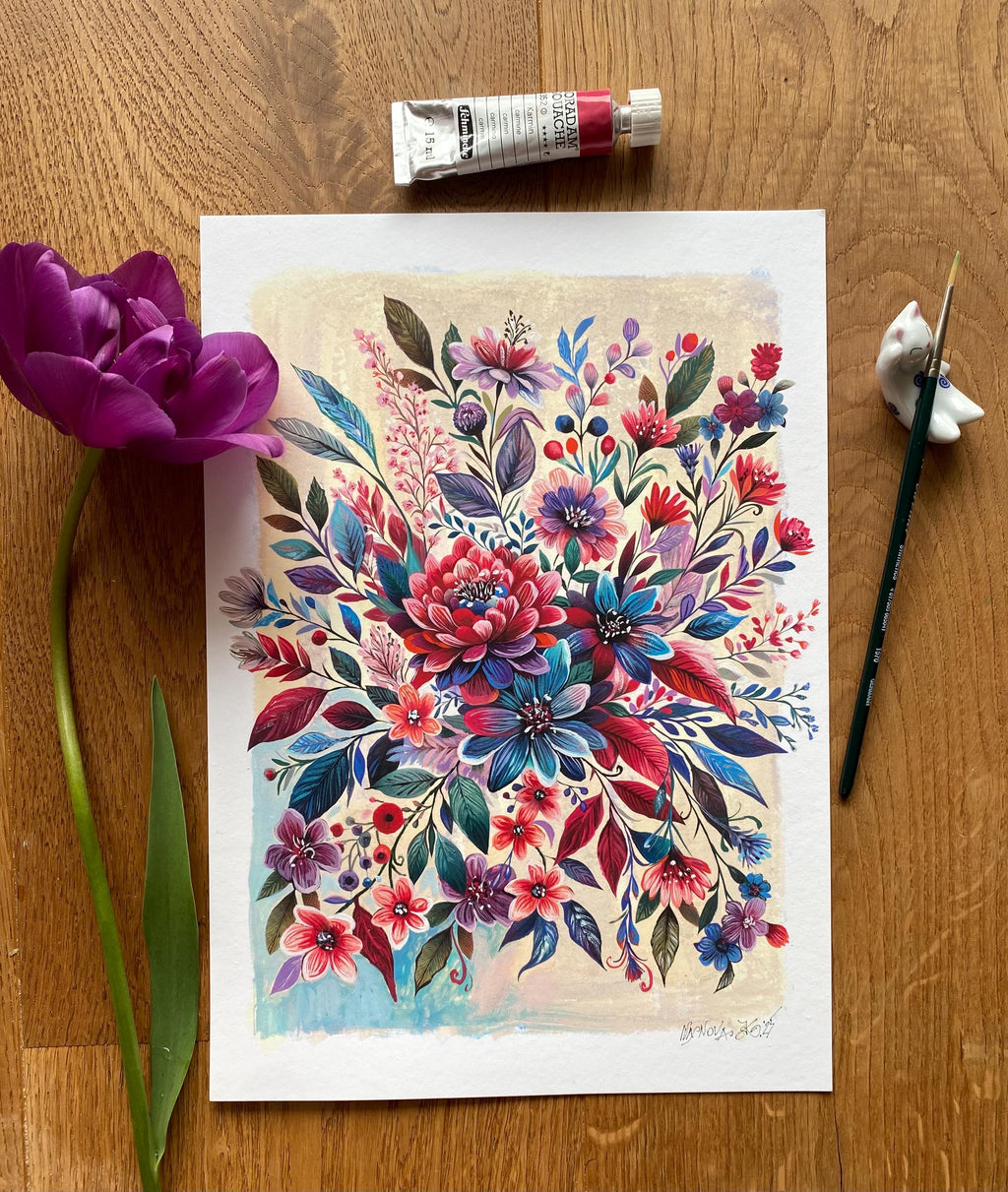 Garden flowers painting, gouache painting on rough paper