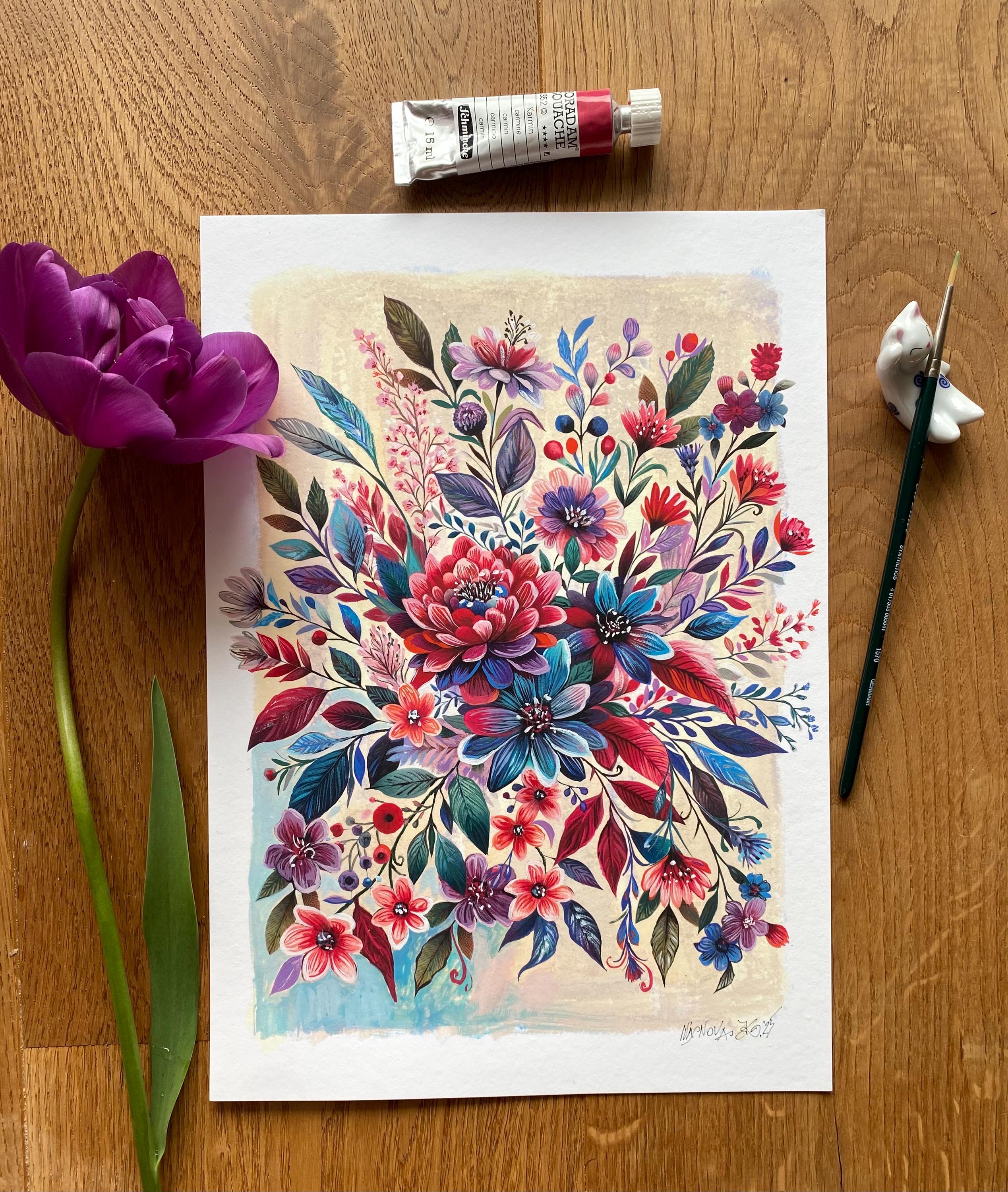 Garden flowers painting, Gouache painting on rough paper