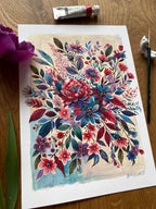 Garden flowers painting, gouache painting on rough paper