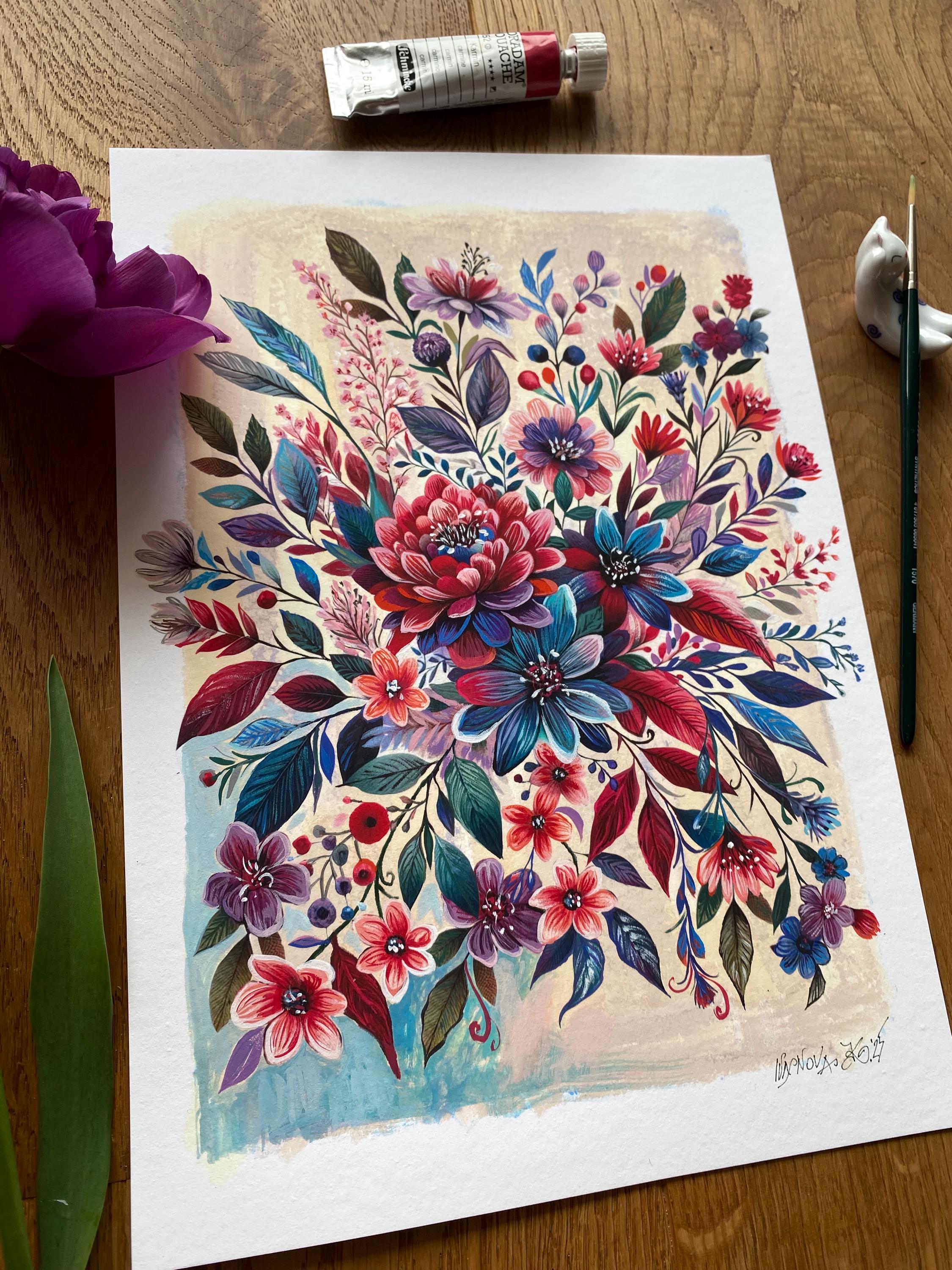 Garden flowers painting, Gouache painting on rough paper