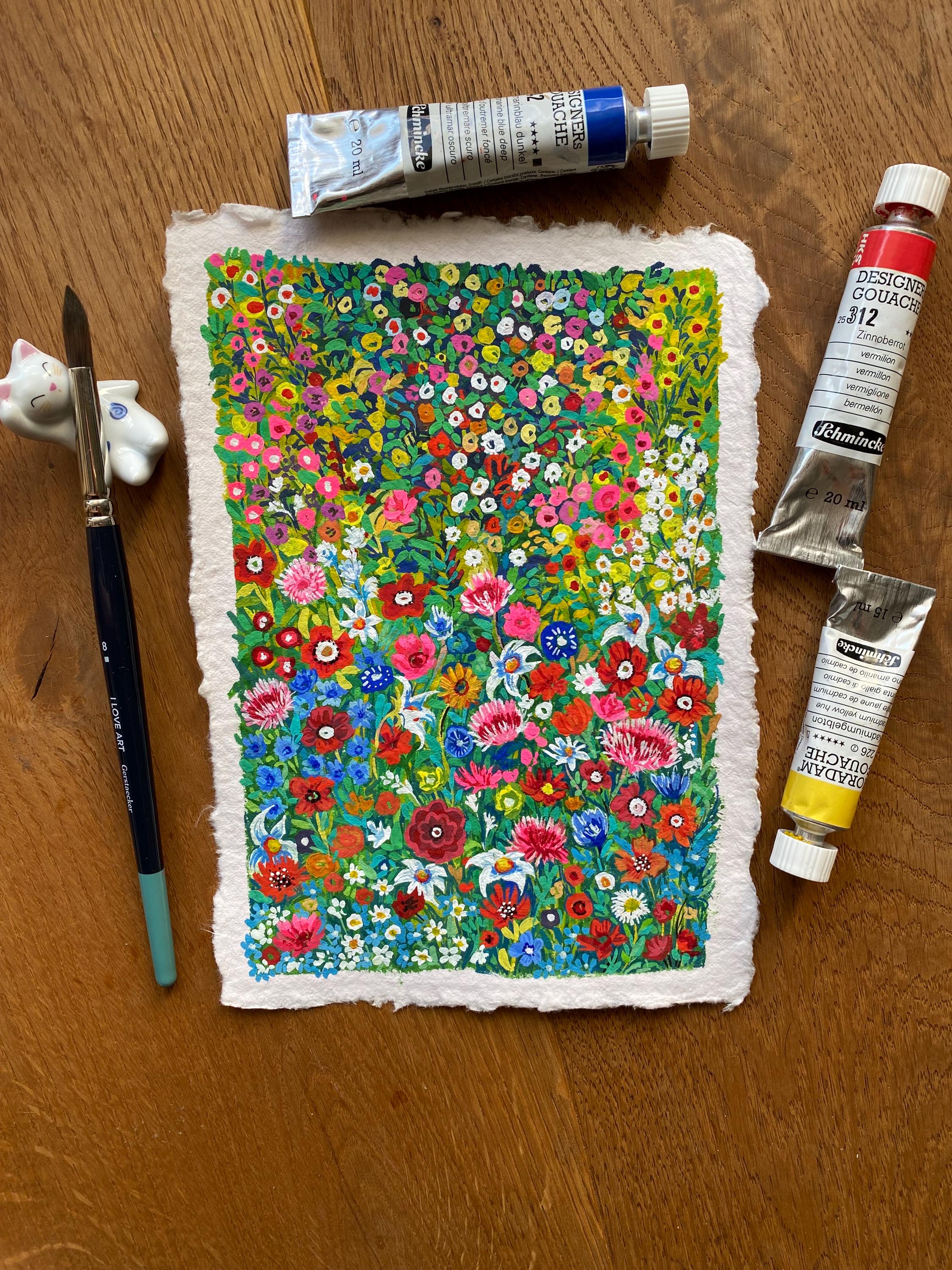 Wild flowers painting, Original gouache painting on rough paper