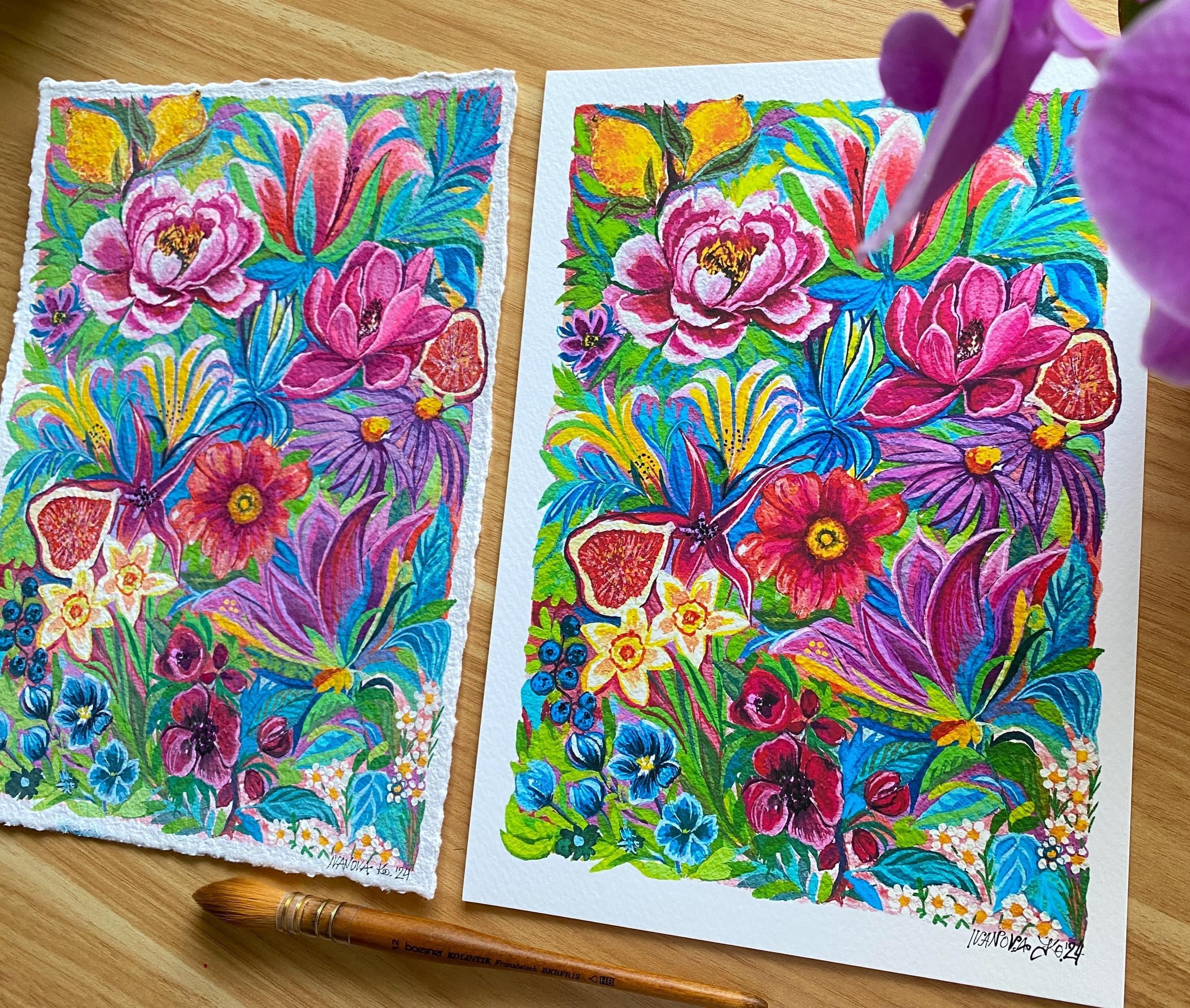 Original Gouache Flowers Painting: Colorful Floral Art (A4 Size)