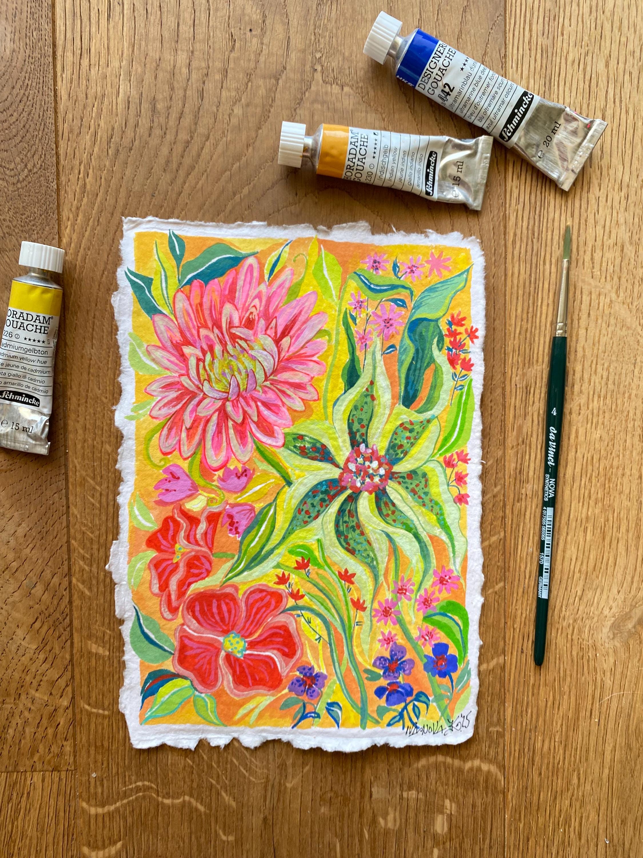Bright flowers painting, Original gouache painting on rough paper