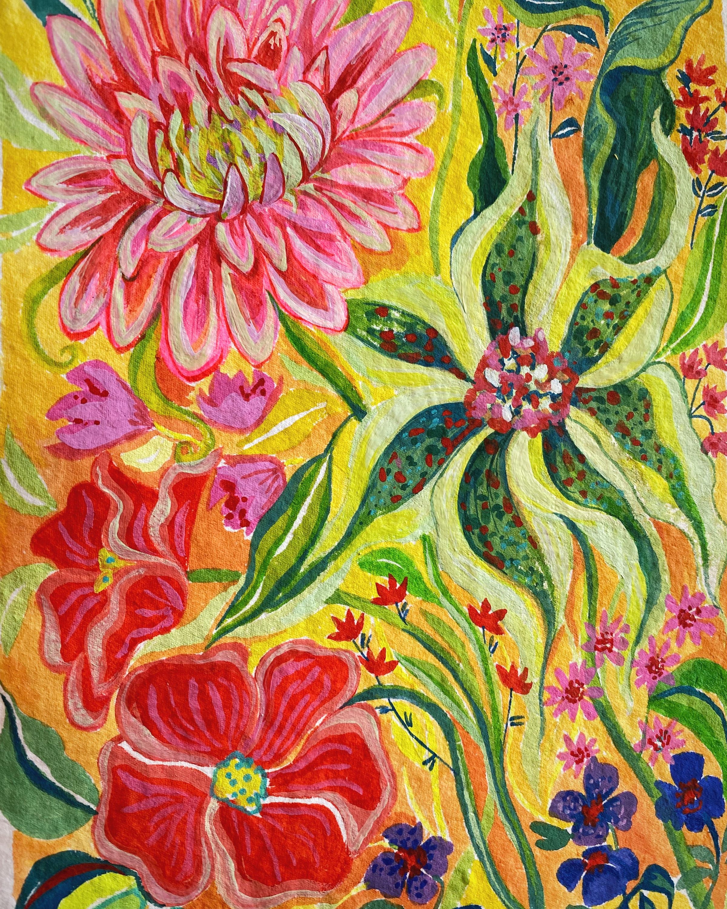 Bright flowers painting, Original gouache painting on rough paper