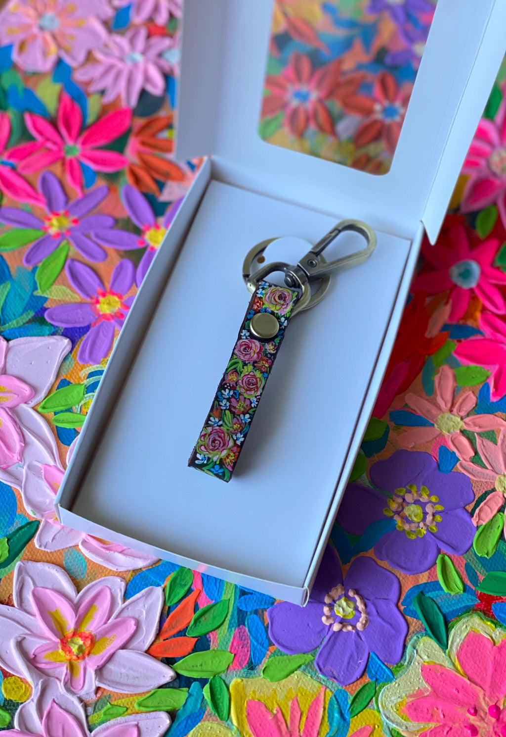 Hand-Painted Floral Leather Keychain, Gift for Keychain Lovers