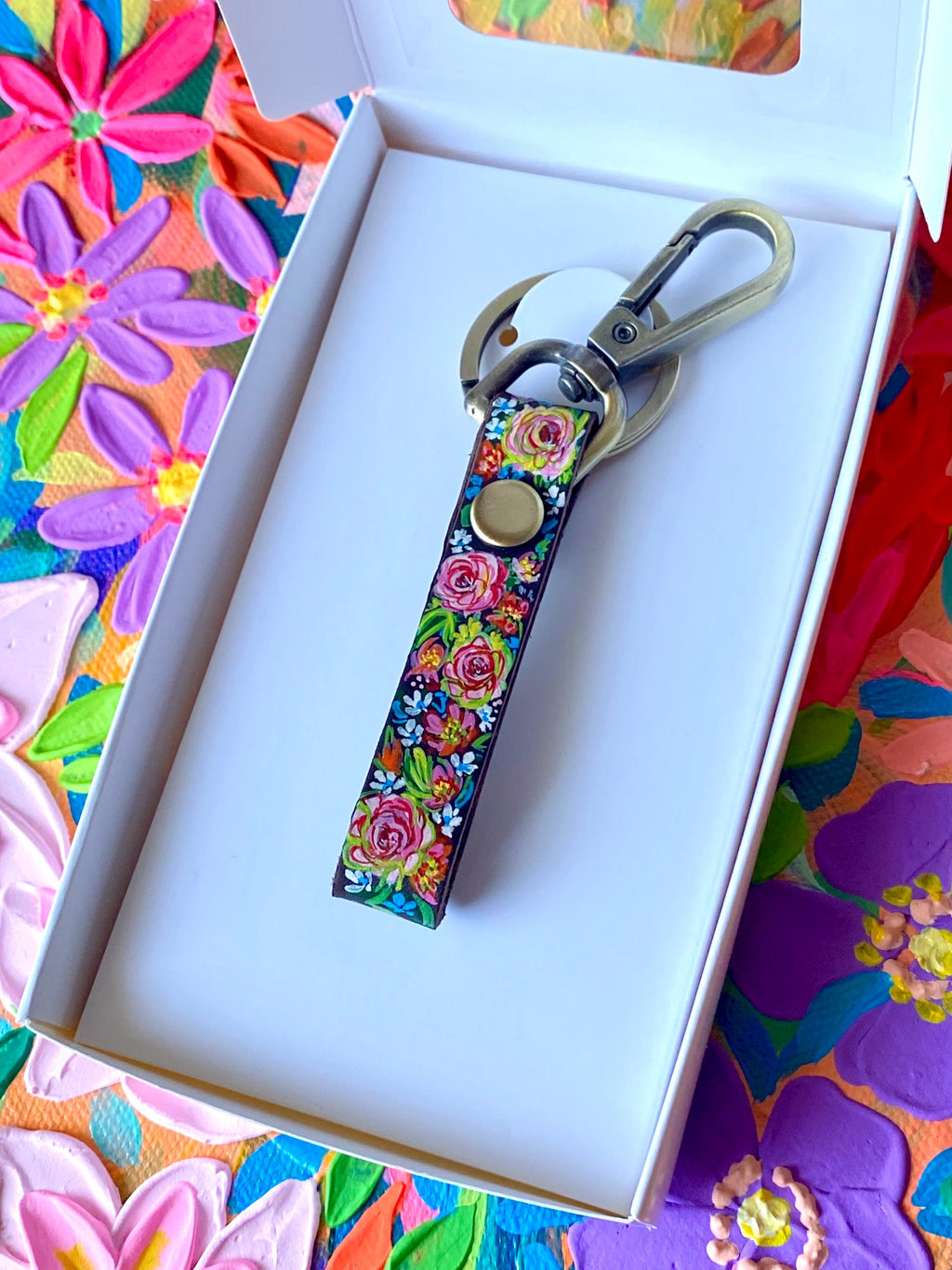 Hand-Painted Floral Leather Keychain, Gift for Keychain Lovers
