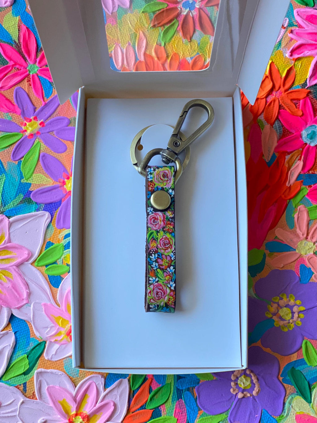 Hand-Painted Floral Leather Keychain, Gift for Keychain Lovers
