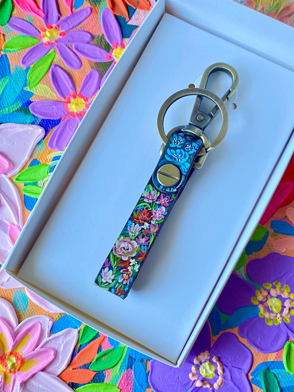 Hand-Painted Floral Leather Keychain, Gift for Keychain Lovers