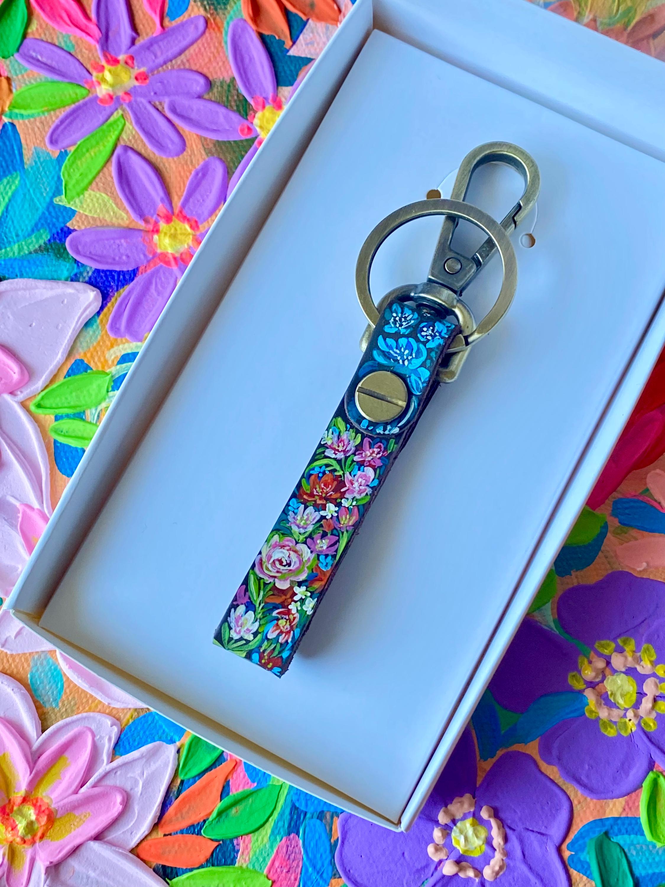Hand-Painted Floral Leather Keychain, Gift for Keychain Lovers