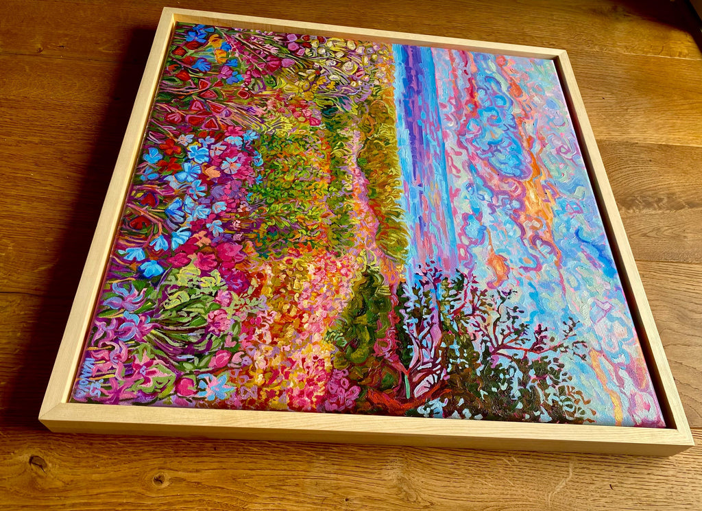 Framed Floral Landscape Oil Painting: Original Impasto Art, 50x50cm