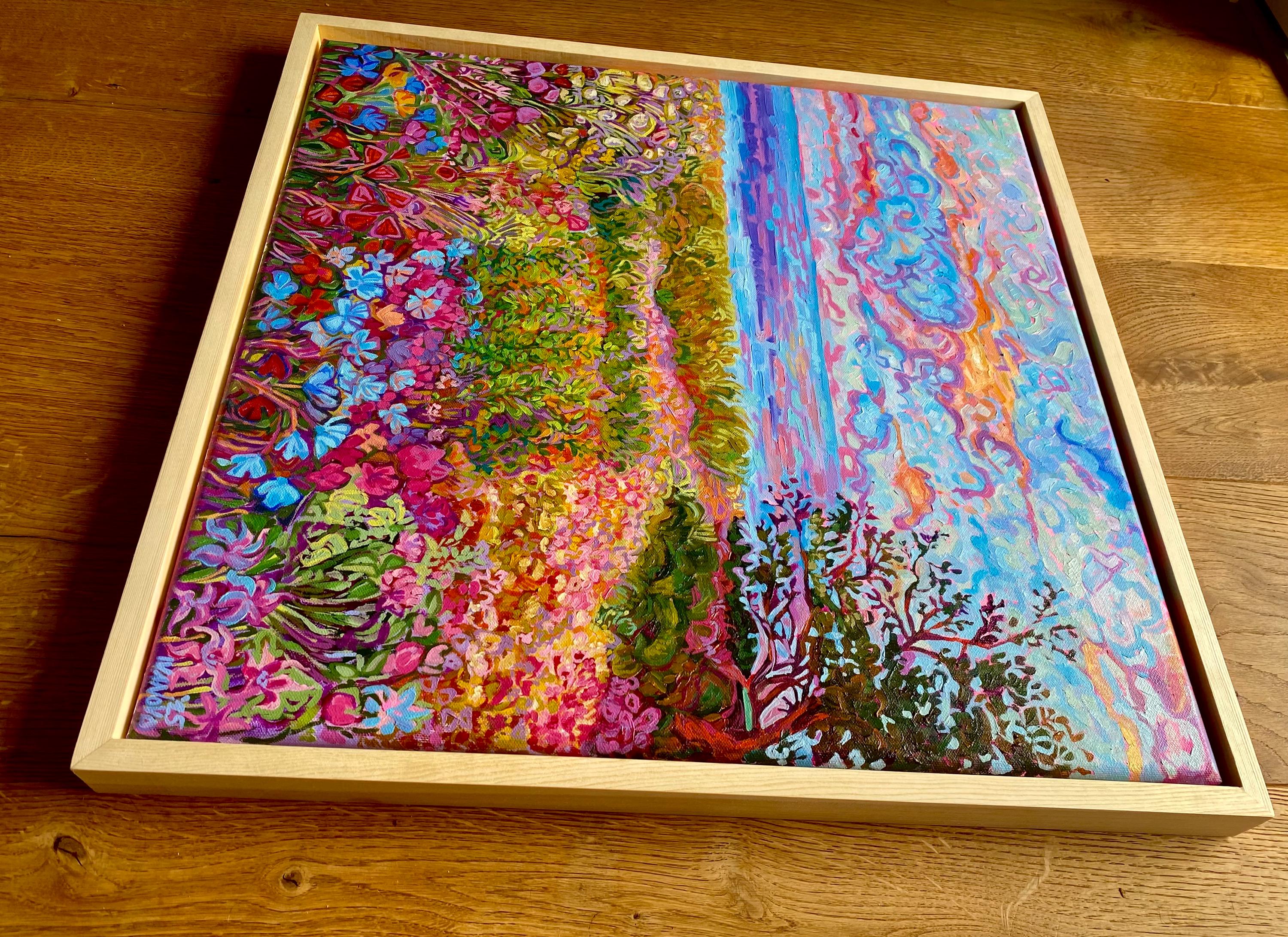 Framed Floral Landscape Oil Painting: Original Impasto Art, 50x50cm