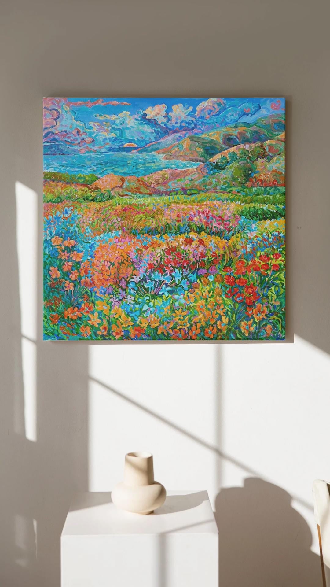 Framed Impressionist Original Oil Painting, Colorful Floral Landscape (19.6" x 19.6")