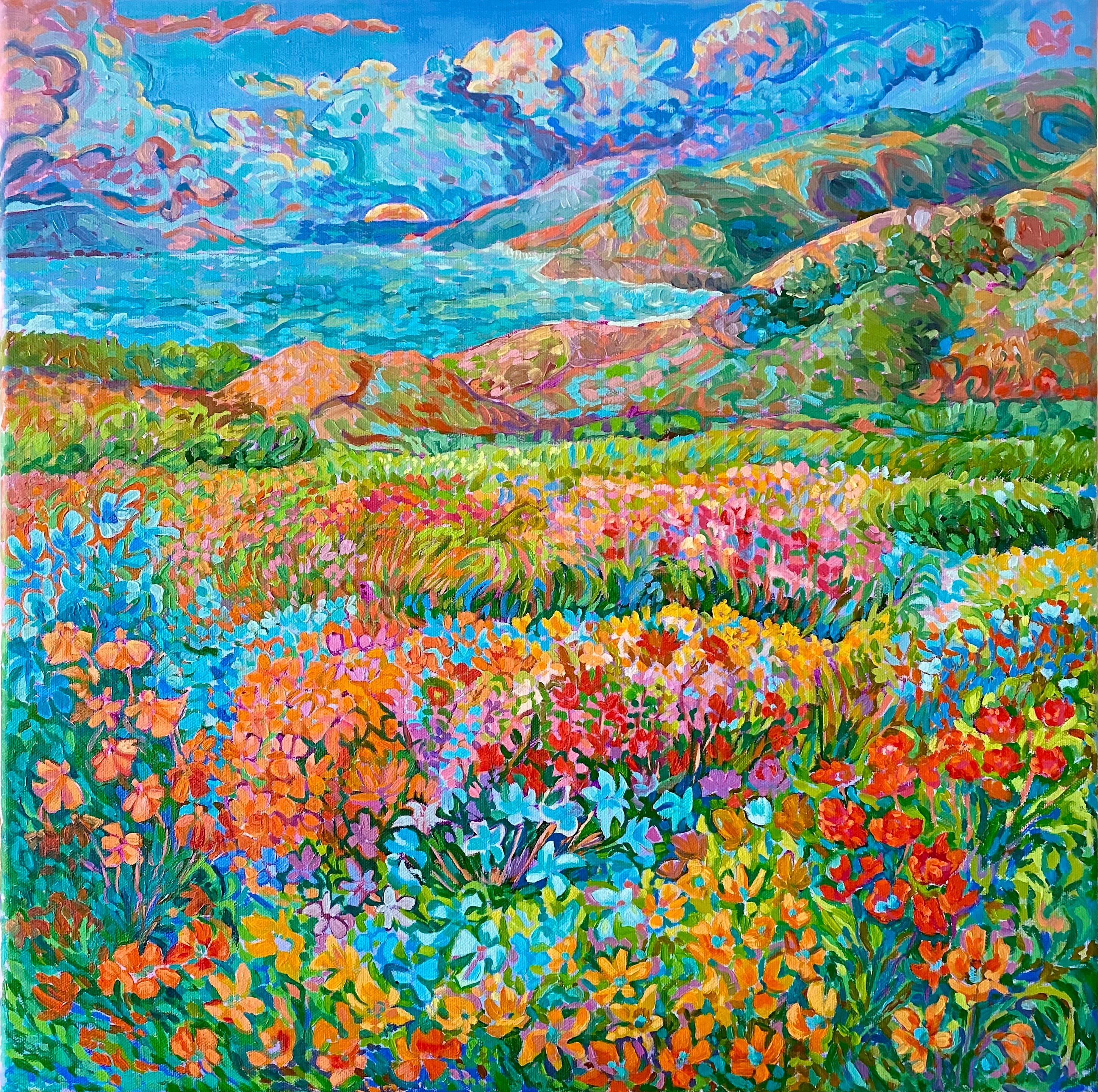 Framed Impressionist Original Oil Painting, Colorful Floral Landscape (19.6" x 19.6")