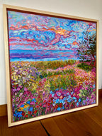 Framed Floral Landscape Oil Painting: Original Impasto Art, 50x50cm