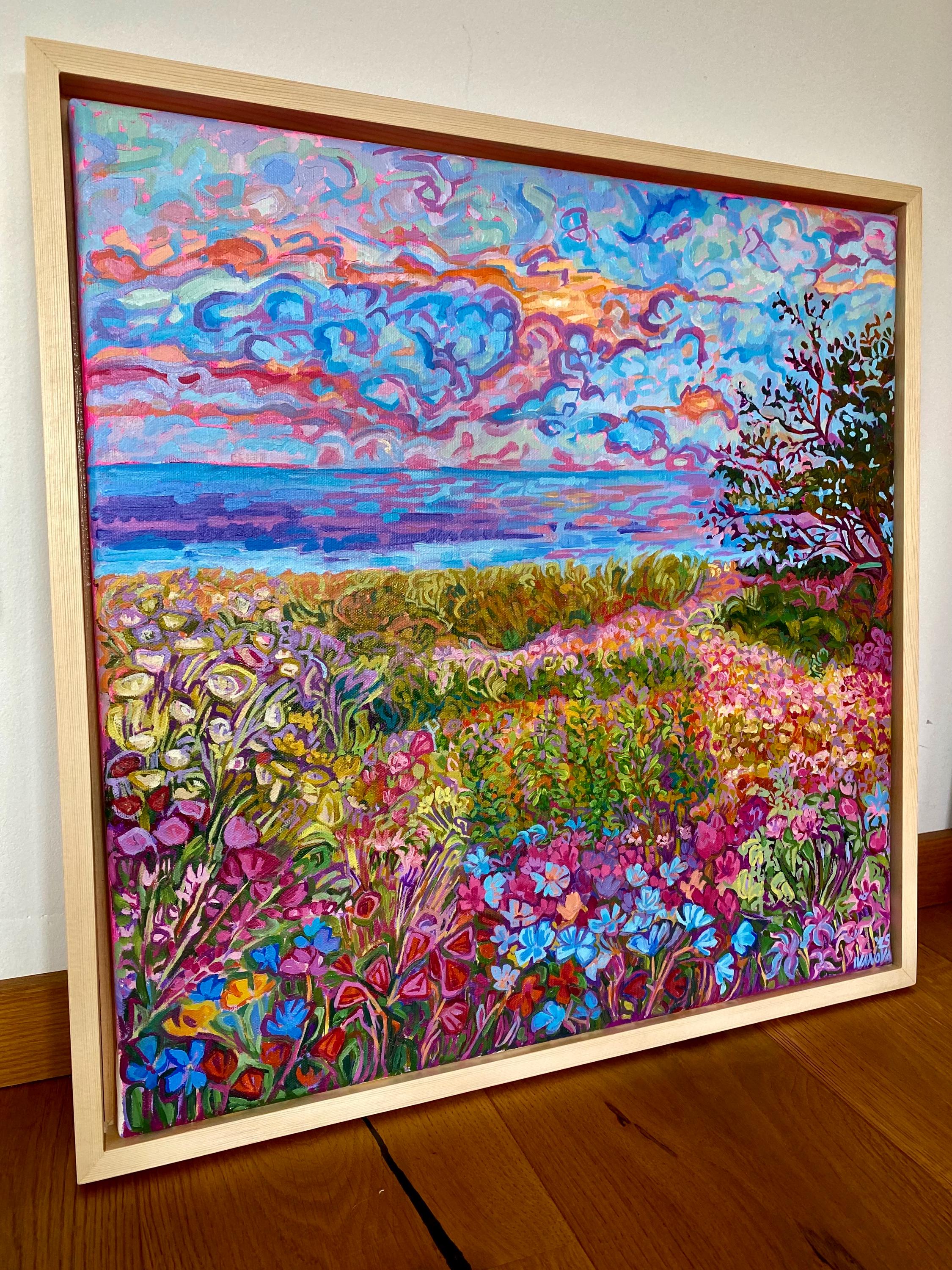 Framed Floral Landscape Oil Painting: Original Impasto Art, 50x50cm