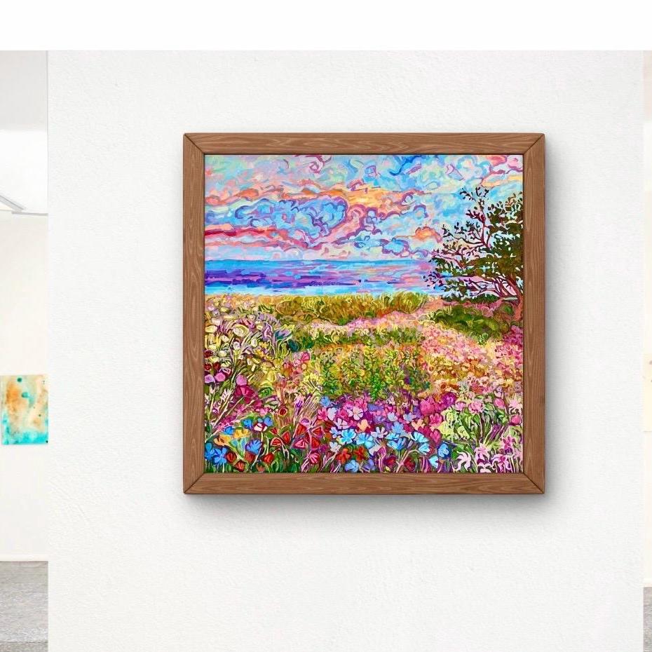 Framed Floral Landscape Oil Painting: Original Impasto Art, 50x50cm