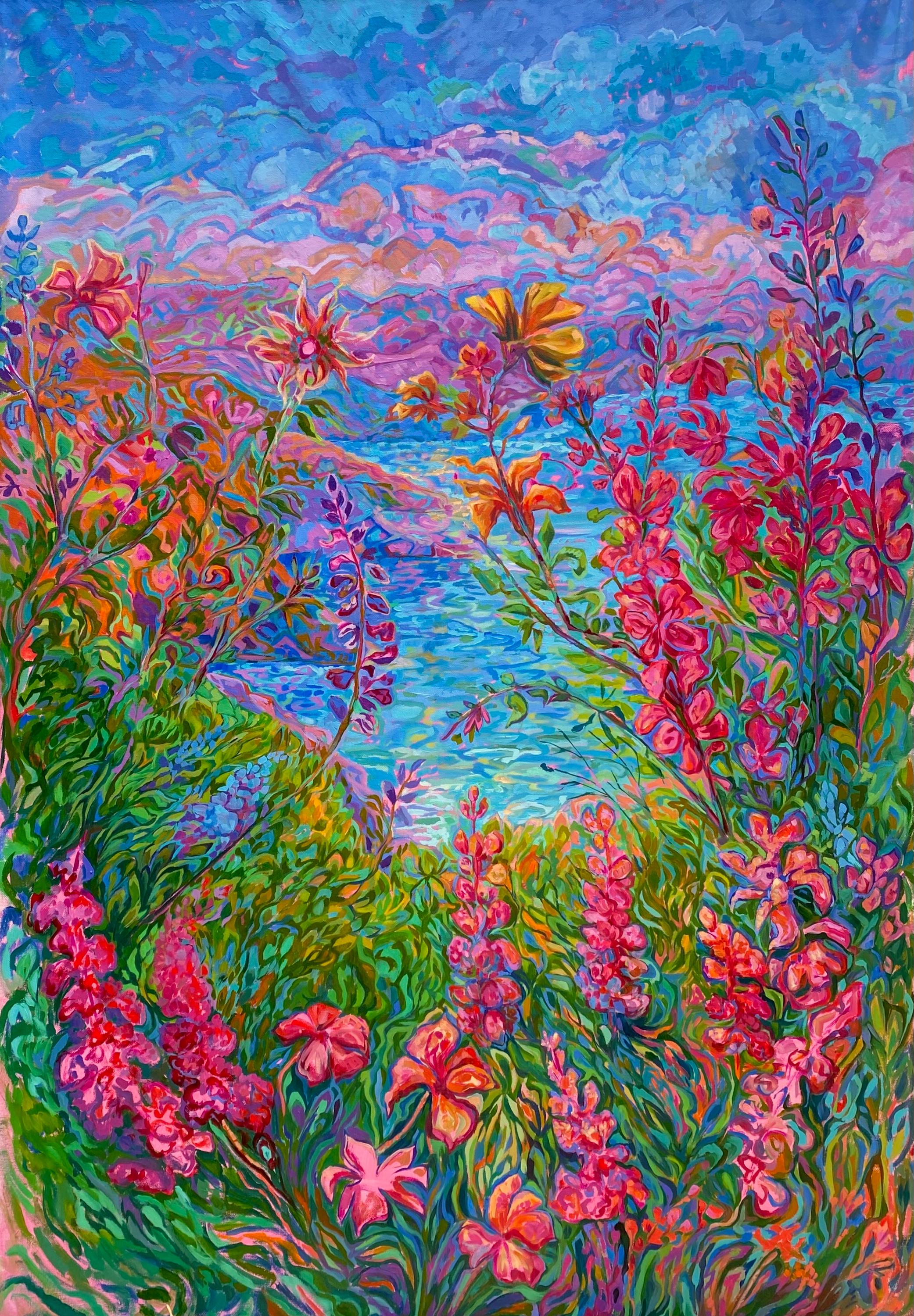 Original Oil Painting Vibrant landscape in impressionism, Blooming horizon