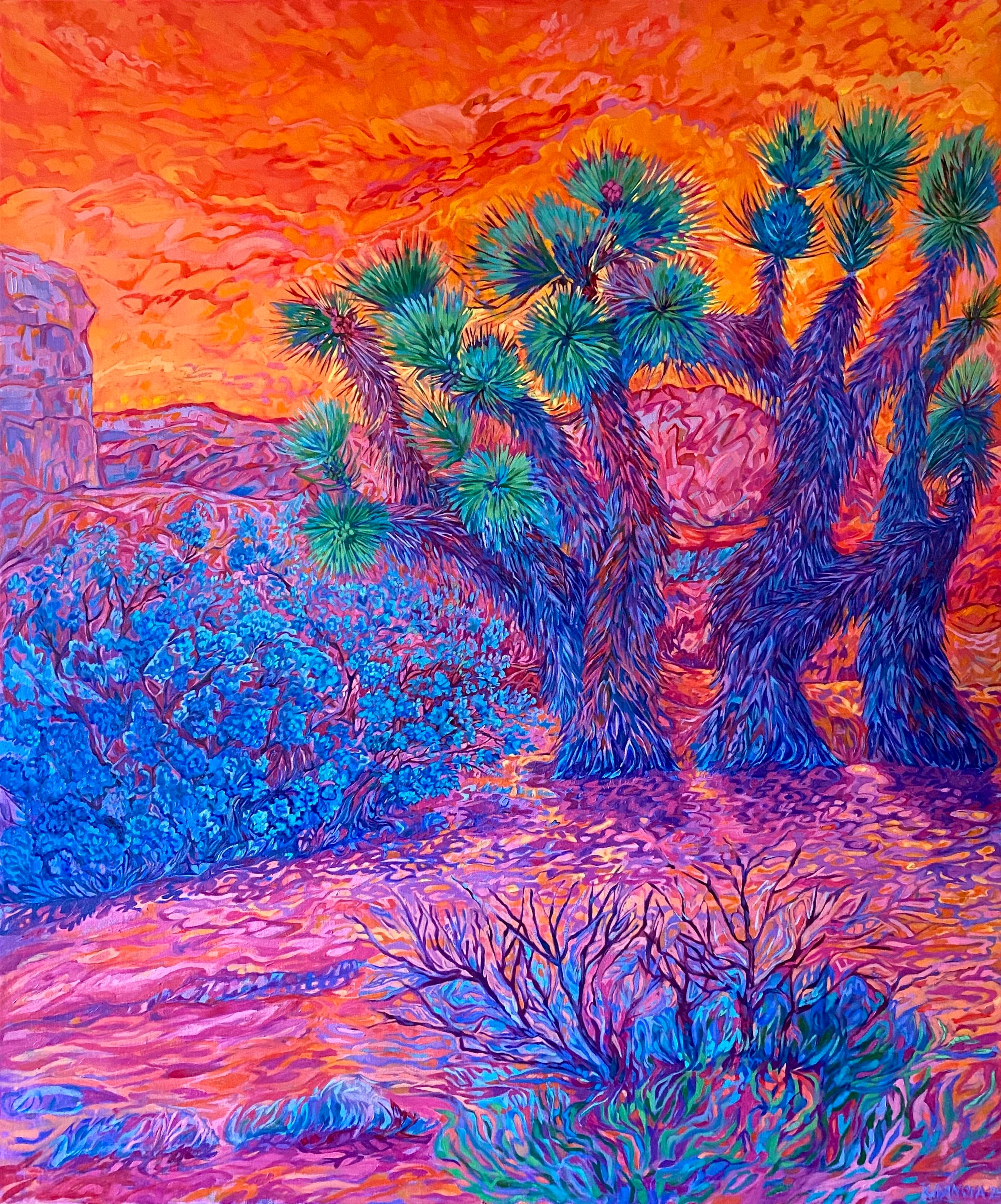 Original oil painting Vibrant Joshua trees in impressionism and expressionism