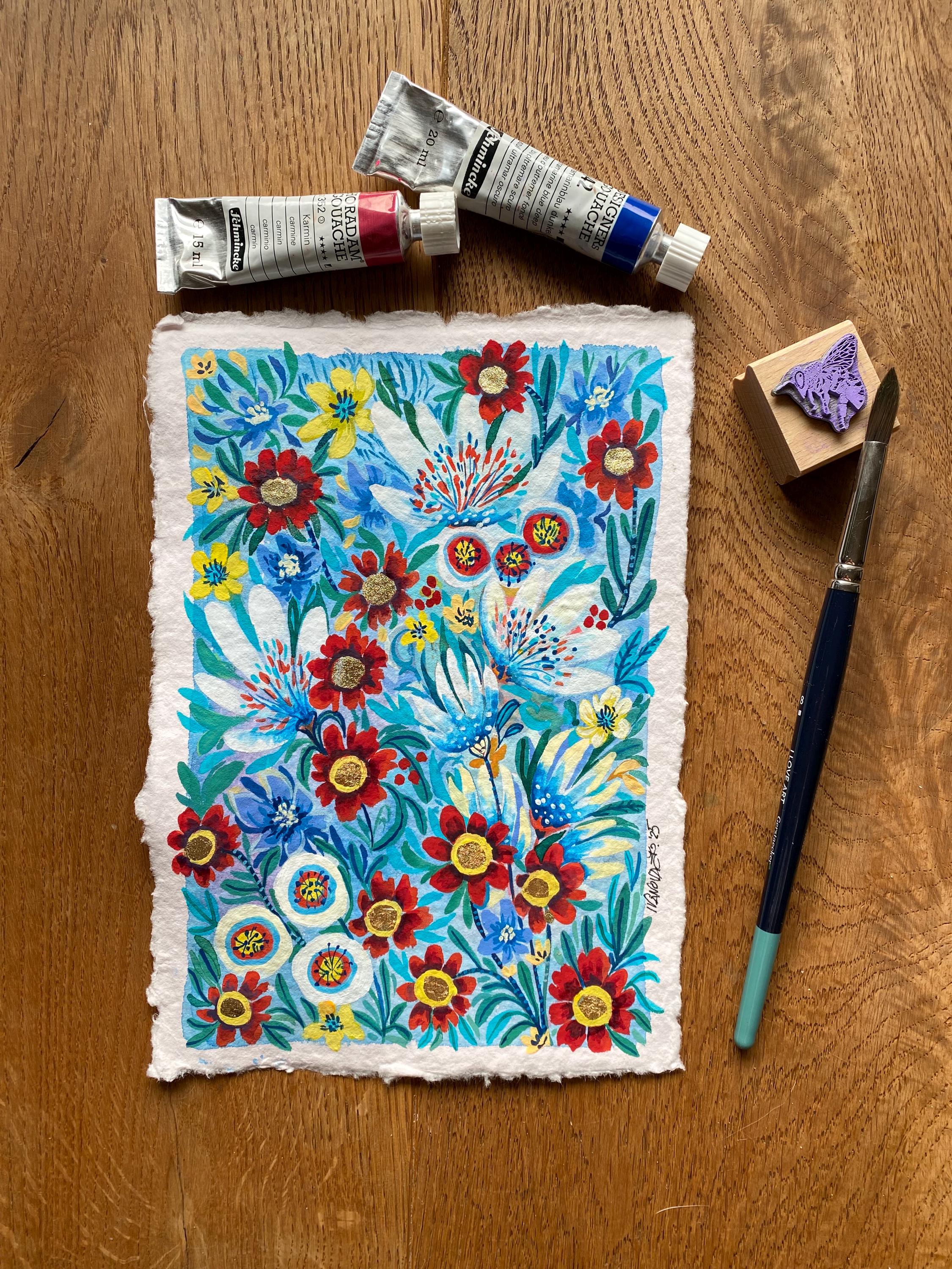 Wild winter flowers painting, Original gouache painting on rough paper