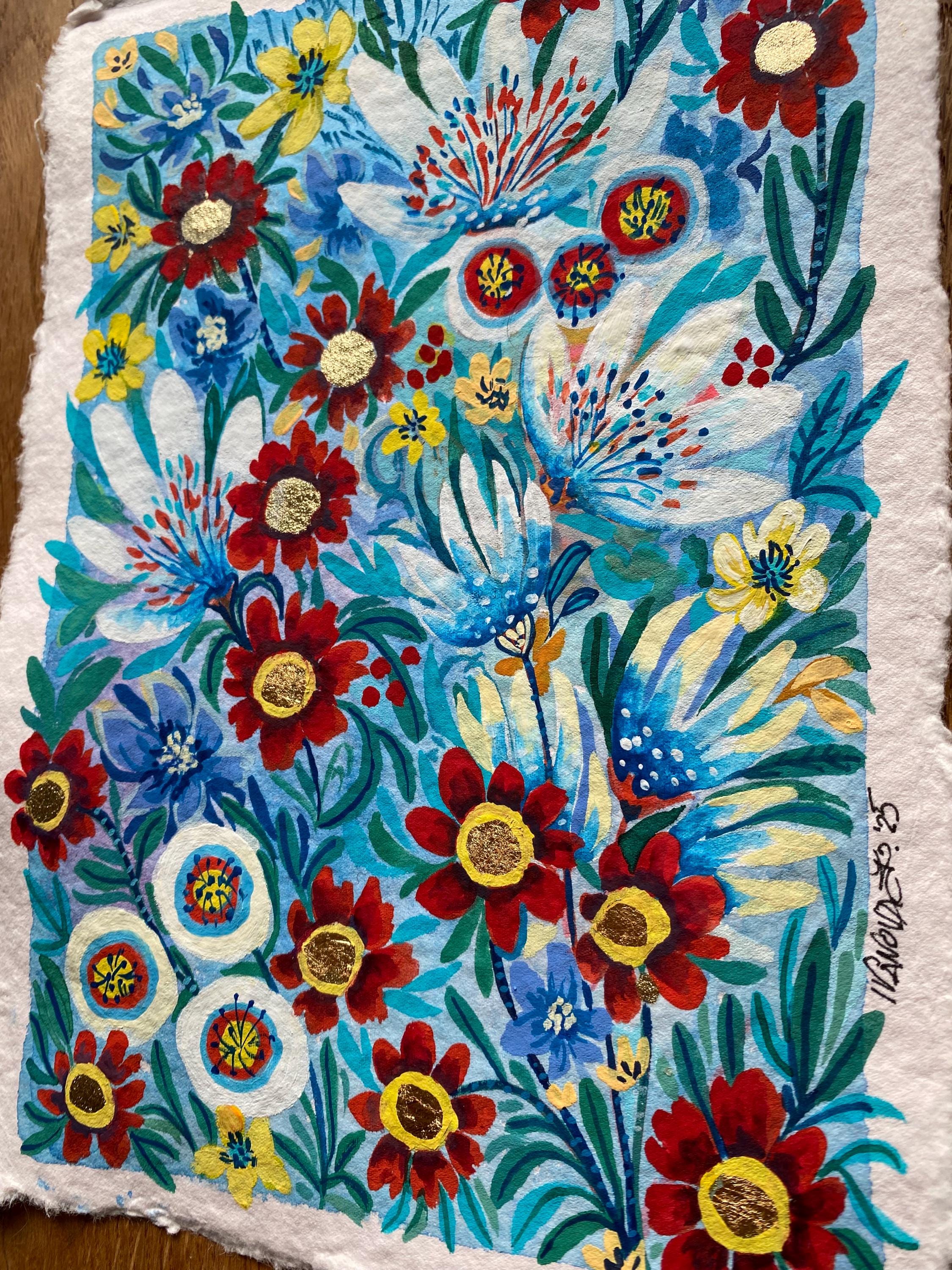 Wild winter flowers painting, Original gouache painting on rough paper