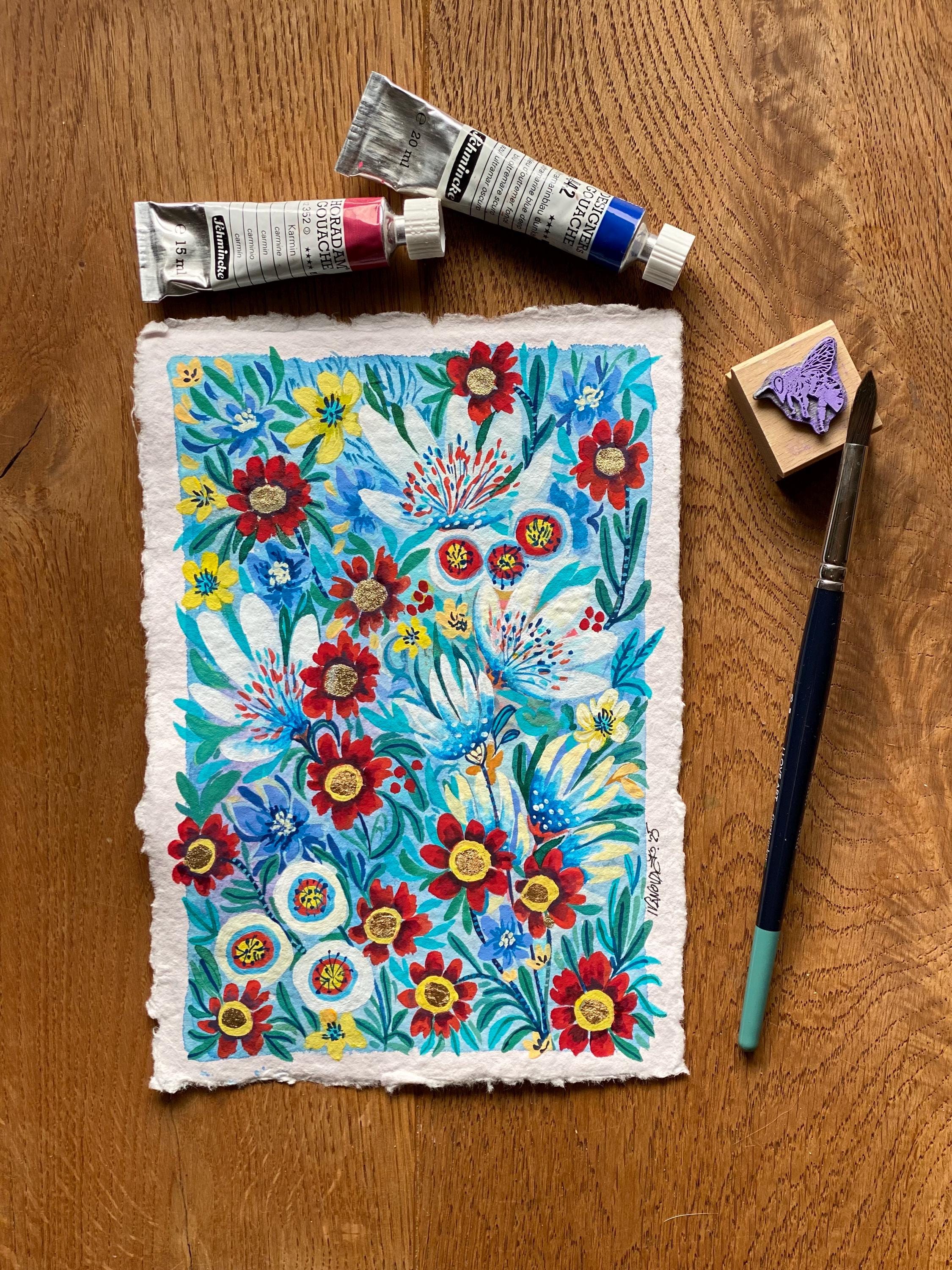 Wild winter flowers painting, Original gouache painting on rough paper