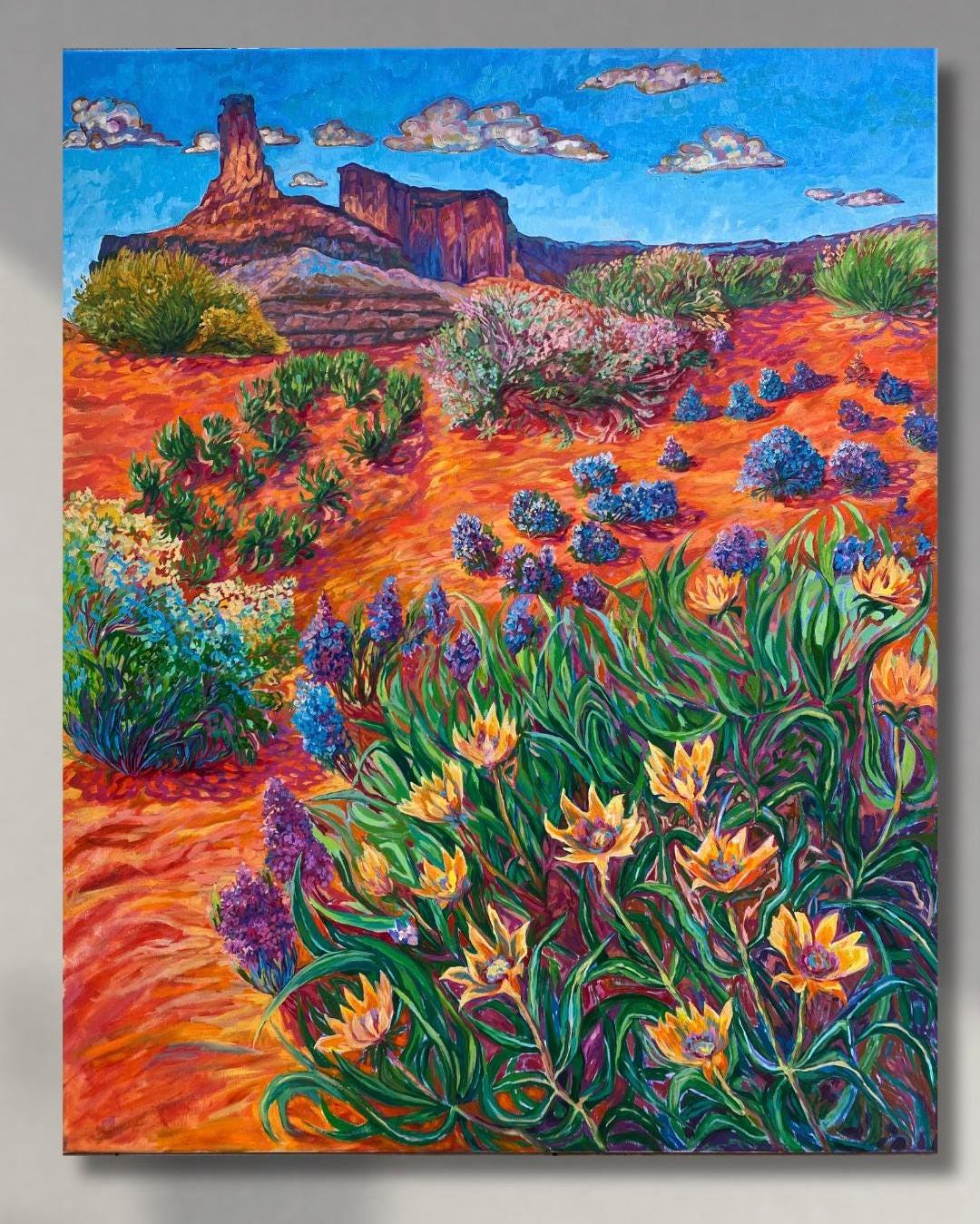 Original oil painting Cosmic orange desert landscape in impressionism and expressionism