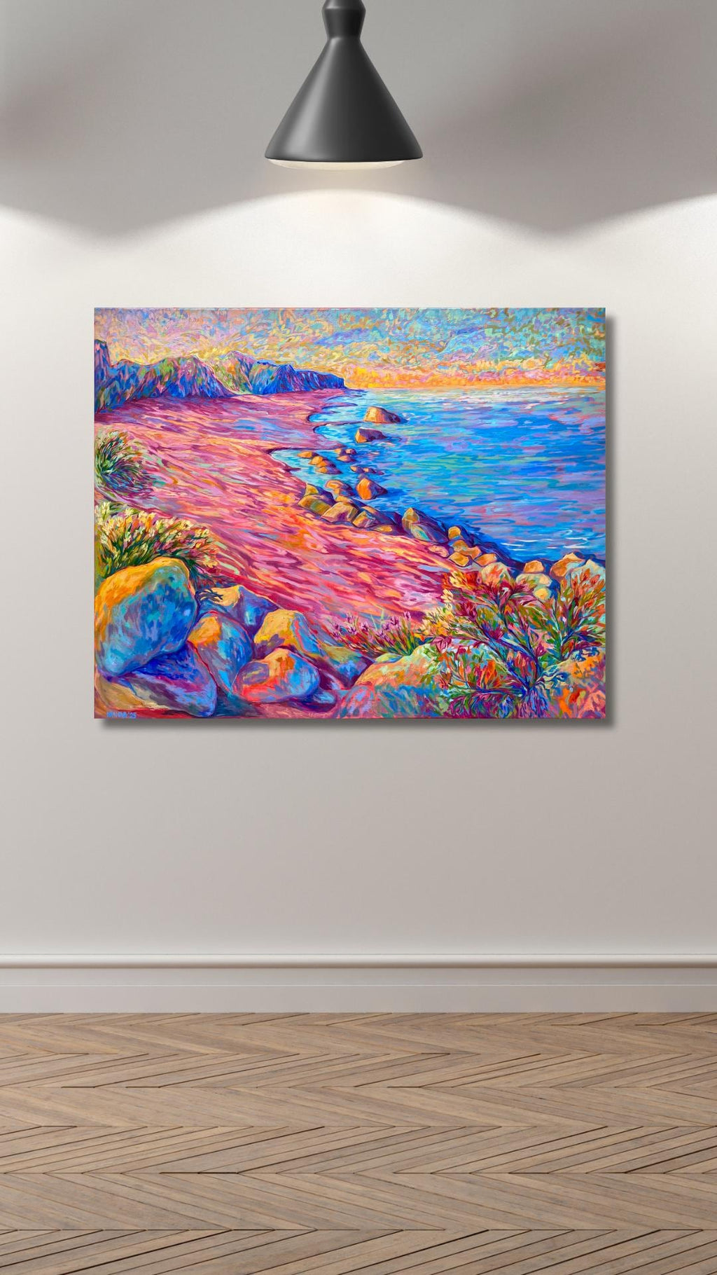 Original oil painting, calm sunrise on the shoreline, in impressionism, shoreline landscape,