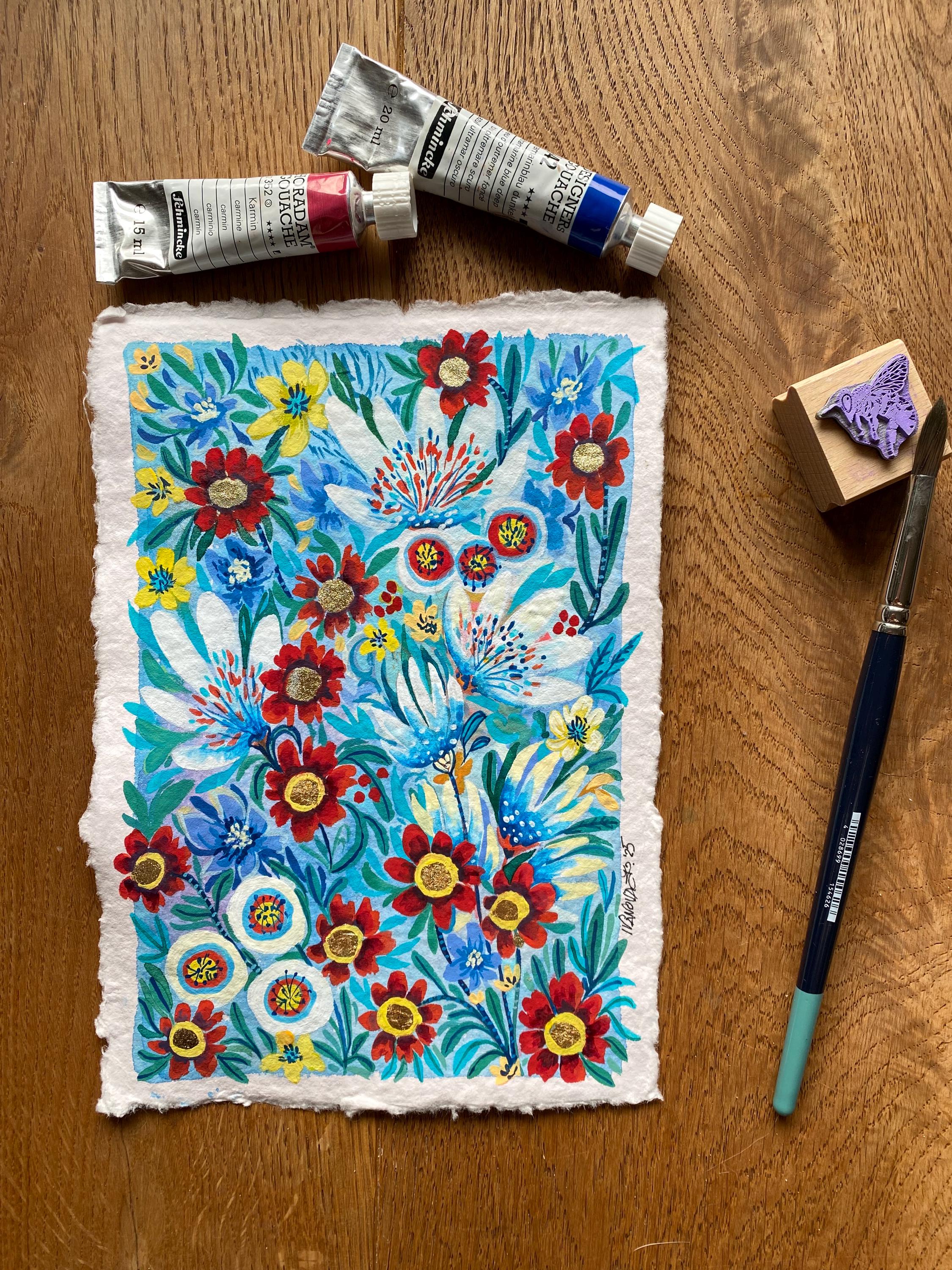 Wild winter flowers painting, Original gouache painting on rough paper