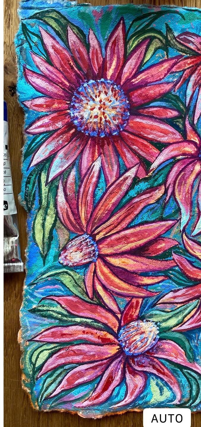 Garden flowers painting, Original gouache painting on rough paper