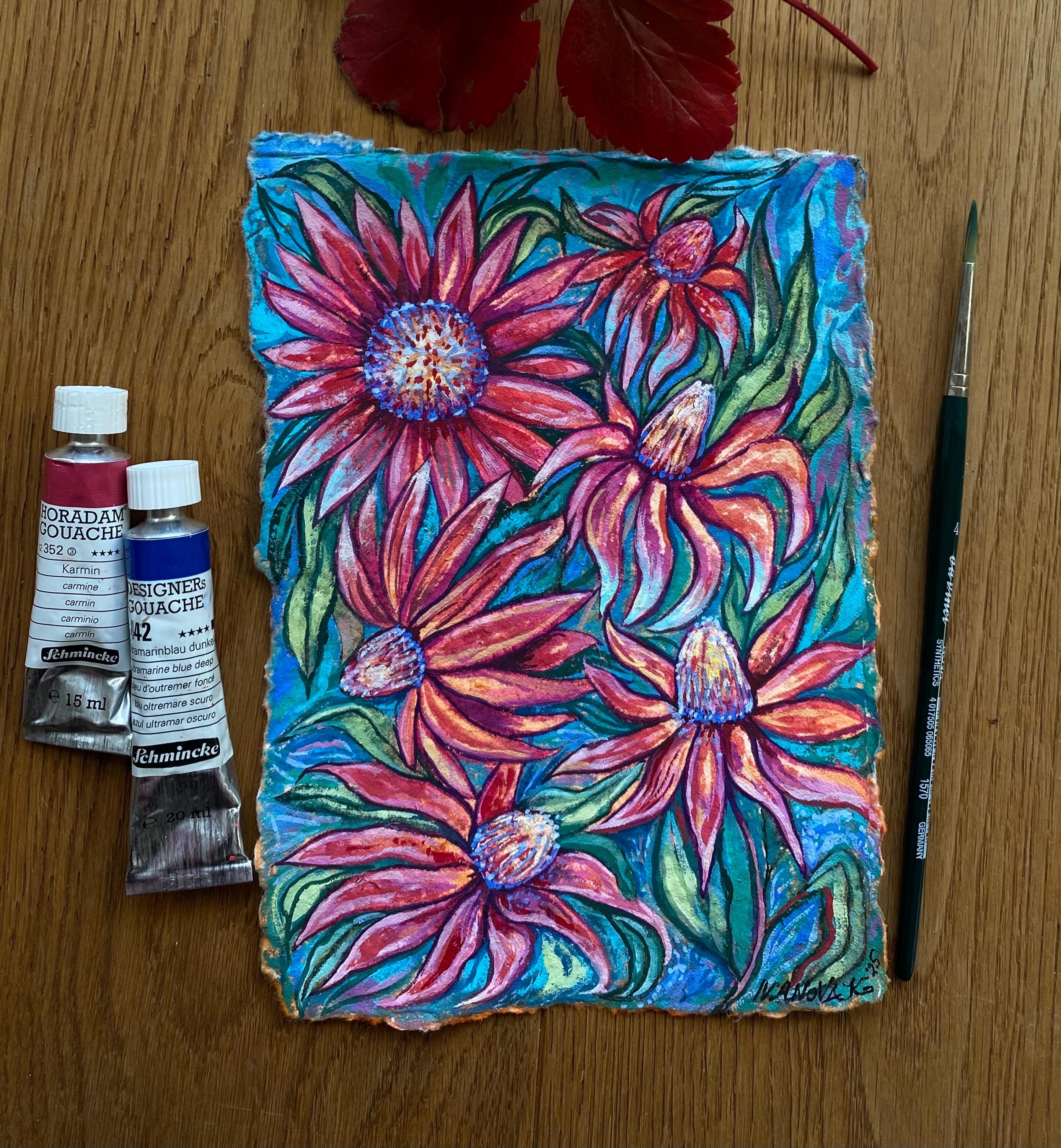 Garden flowers painting, Original gouache painting on rough paper